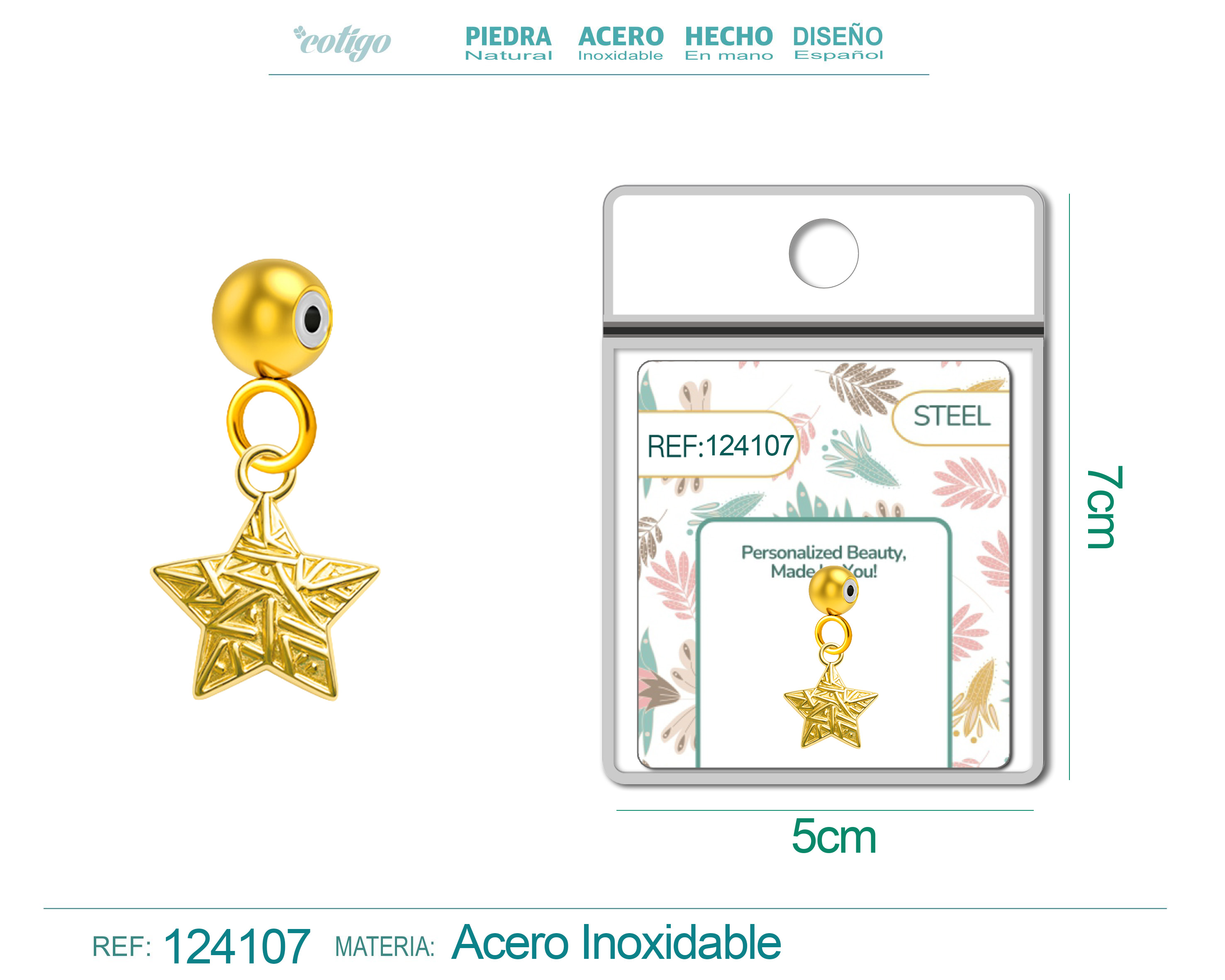 CHARM Acero Dorado Chapado Oro 14 K-con Bola de Goma