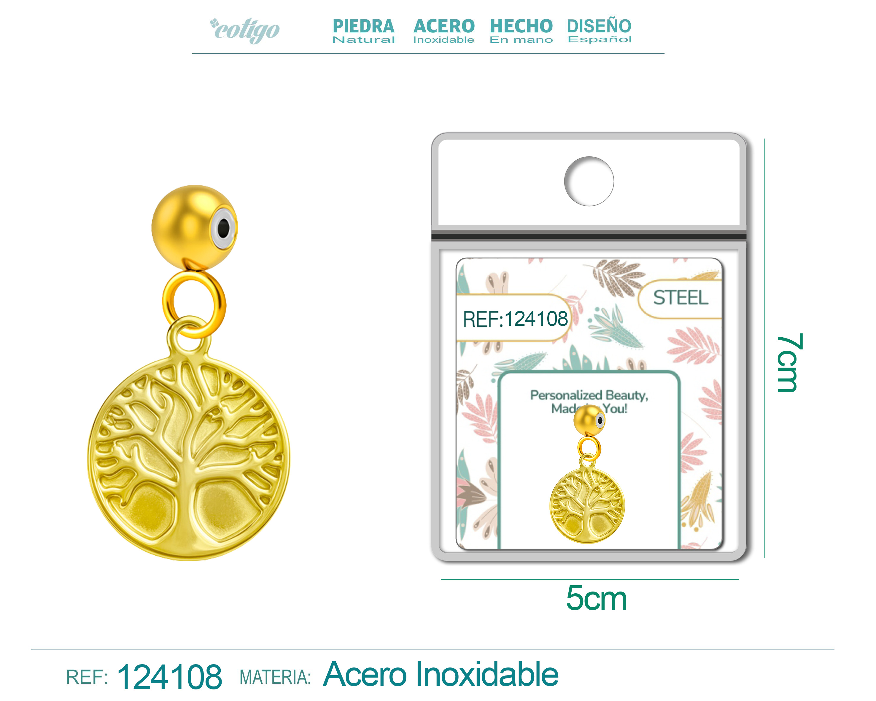 CHARM Acero Dorado Chapado Oro 14 K-con Bola de Goma