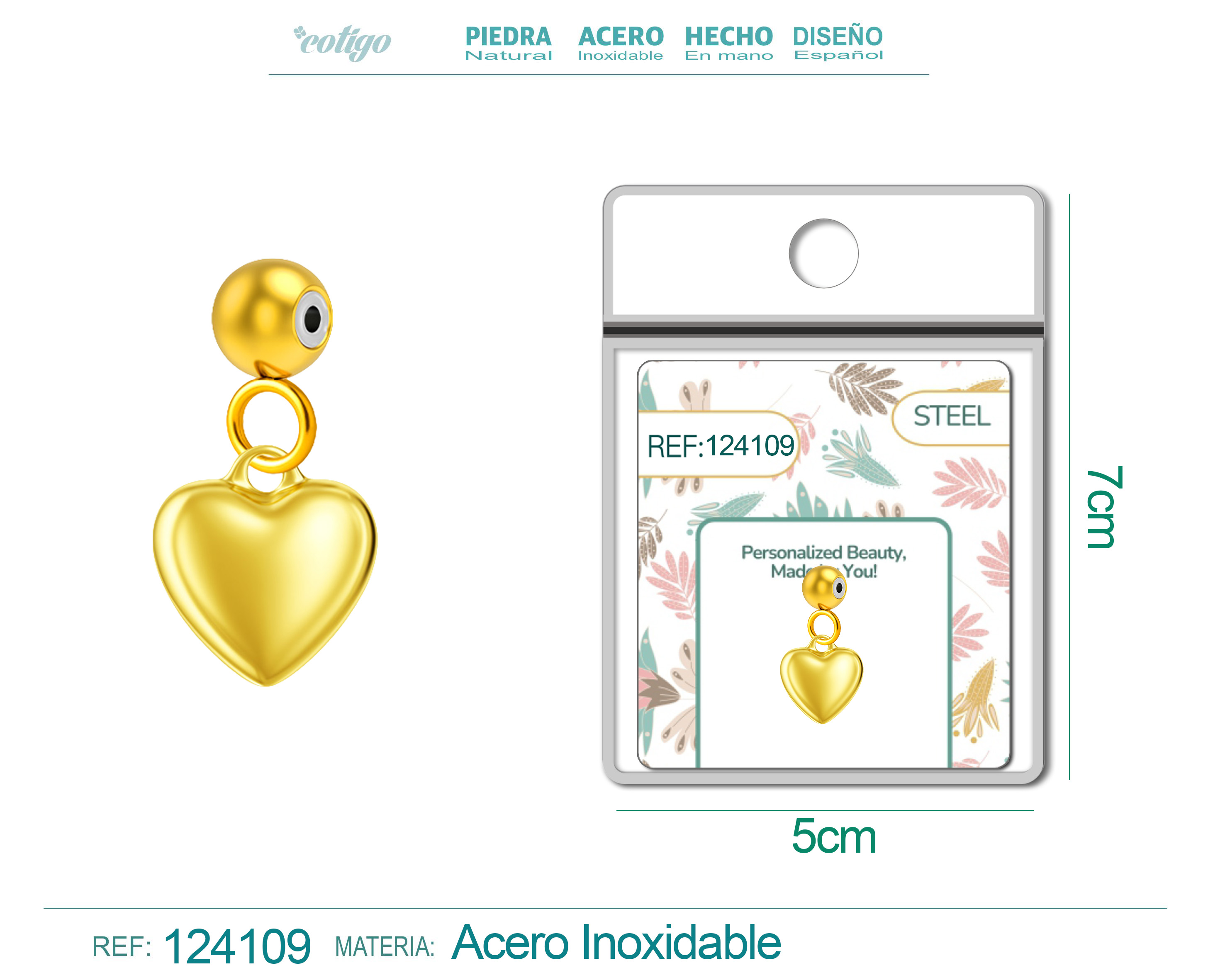 CHARM Acero Dorado Chapado Oro 14 K-con Bola de Goma