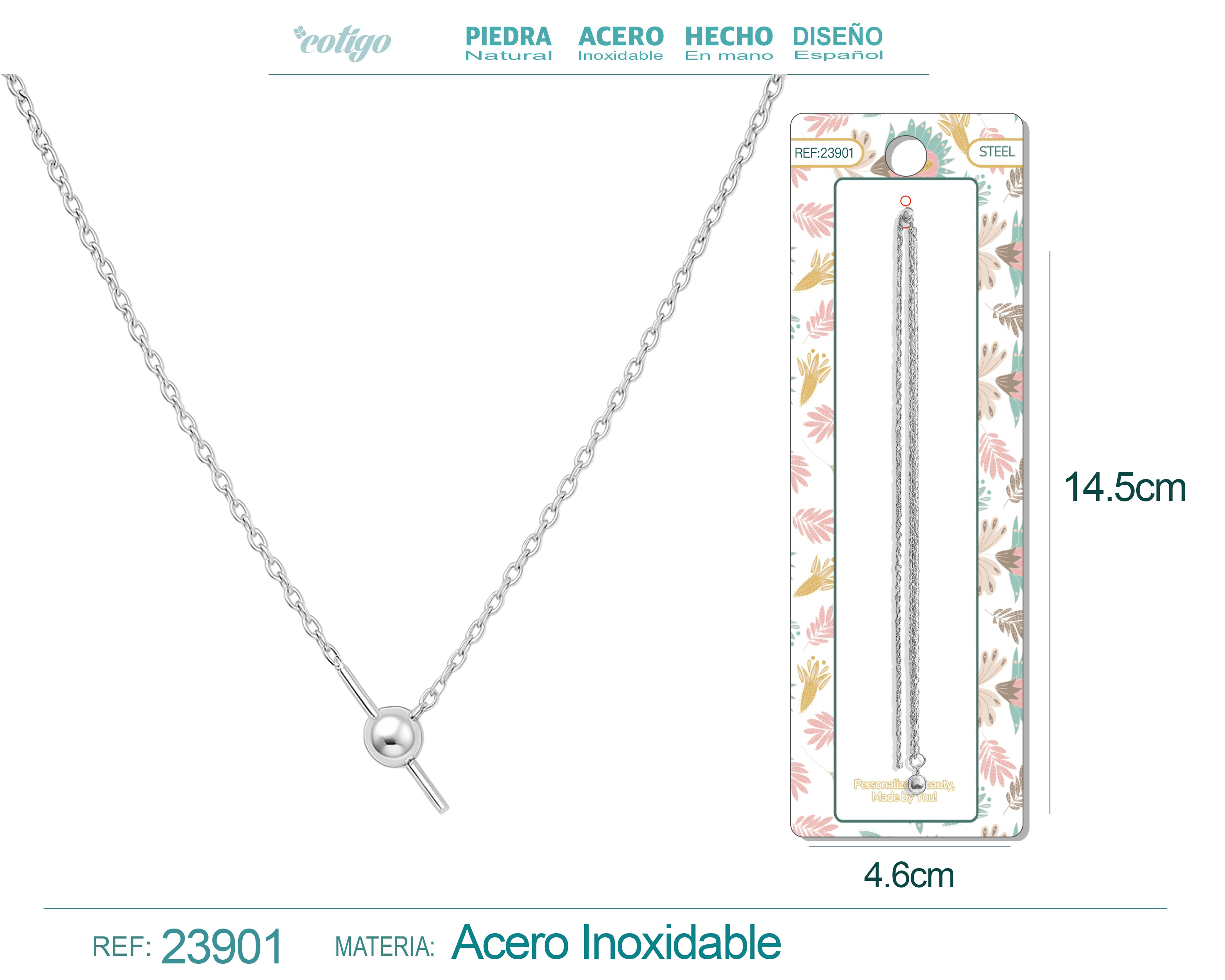 Collar de Cadena Acero color Plateado Con Cirre de Bola y Goma para CHARM