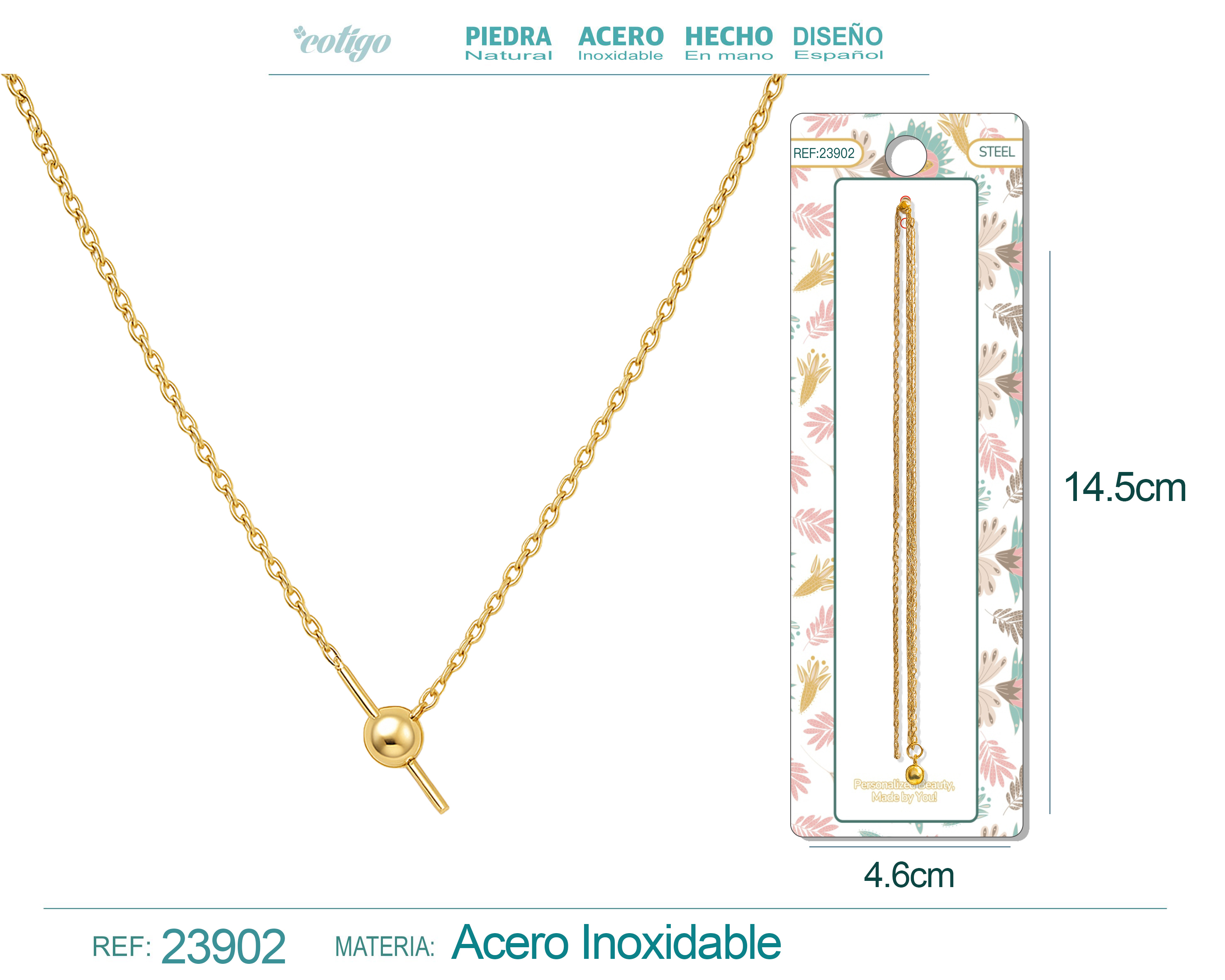 Collar de Cadena Acero color Dorado Con Cirre de Bola y Goma para CHARM