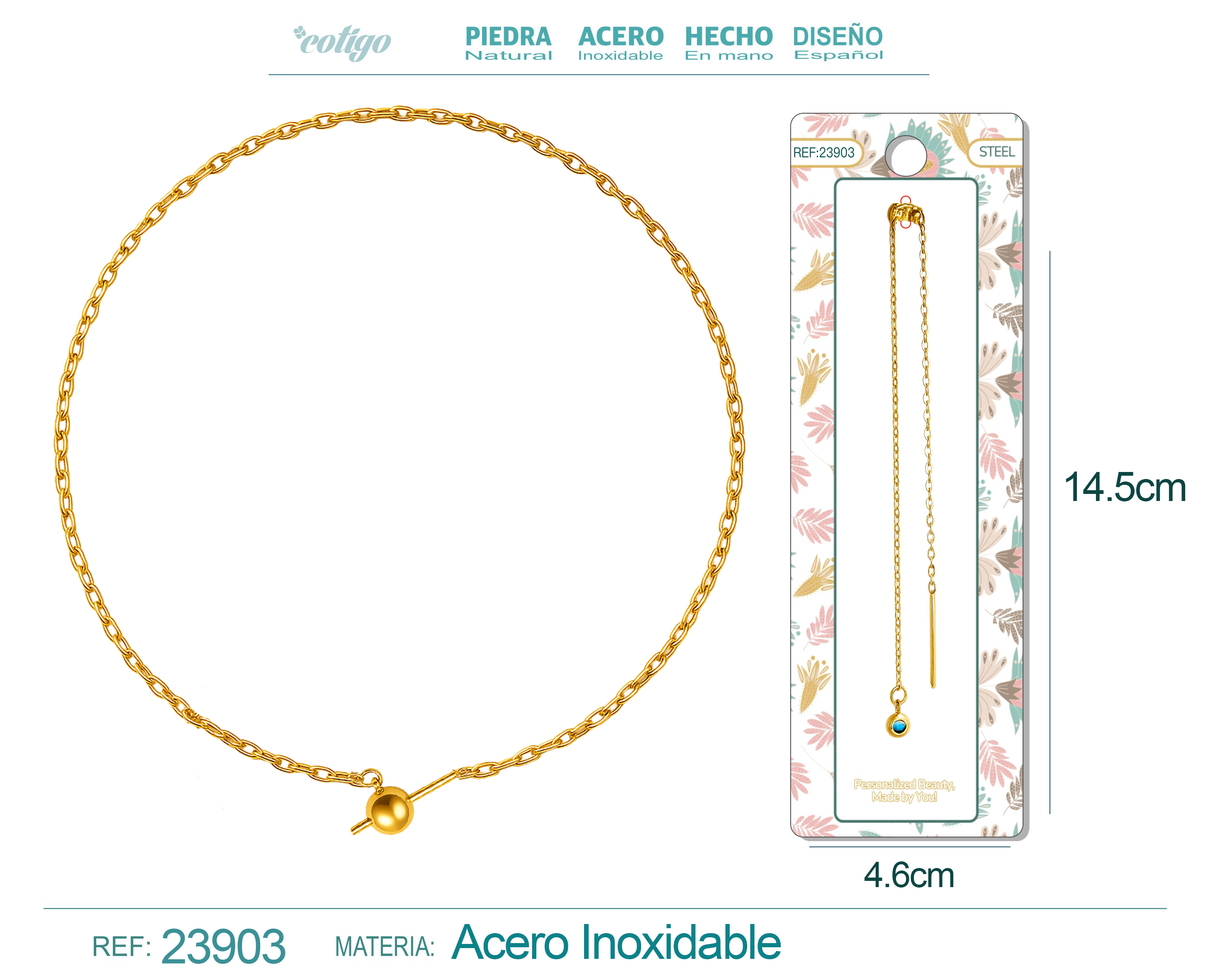 Pulsera de Cadena Acero color Dorado Con Cirre de Bola y Goma para CHARM