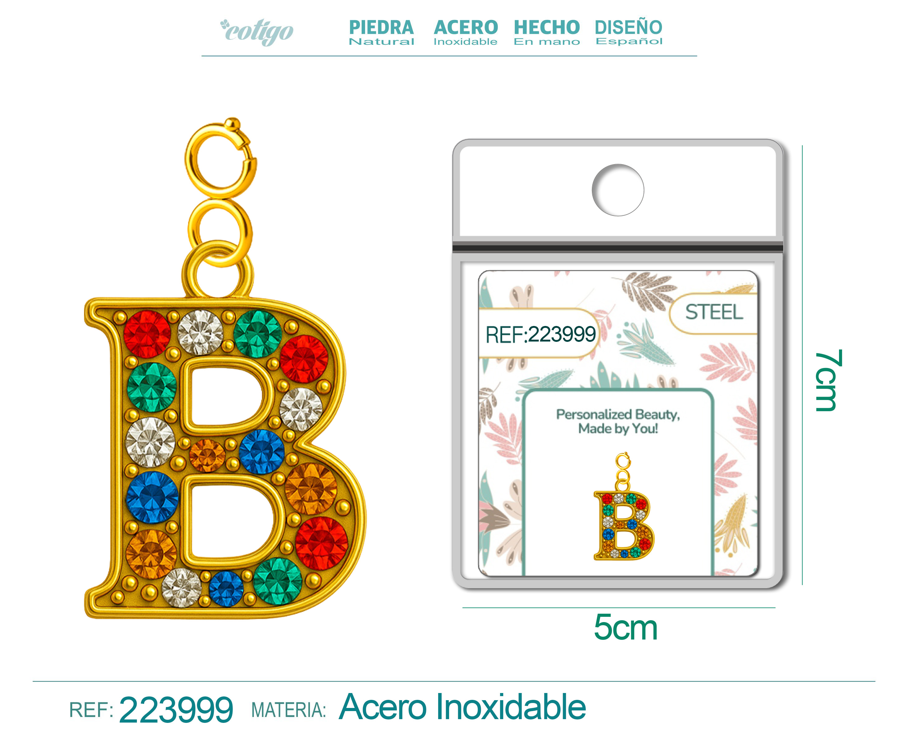 CHARM de Letra B Acero color Dorado con Circonita-con Cierre