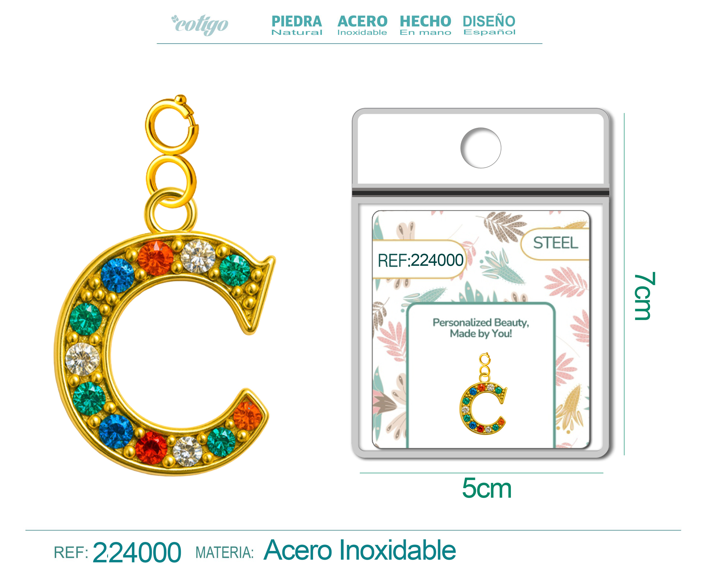 CHARM de Letra C Acero color Dorado con Circonita-con Cierre