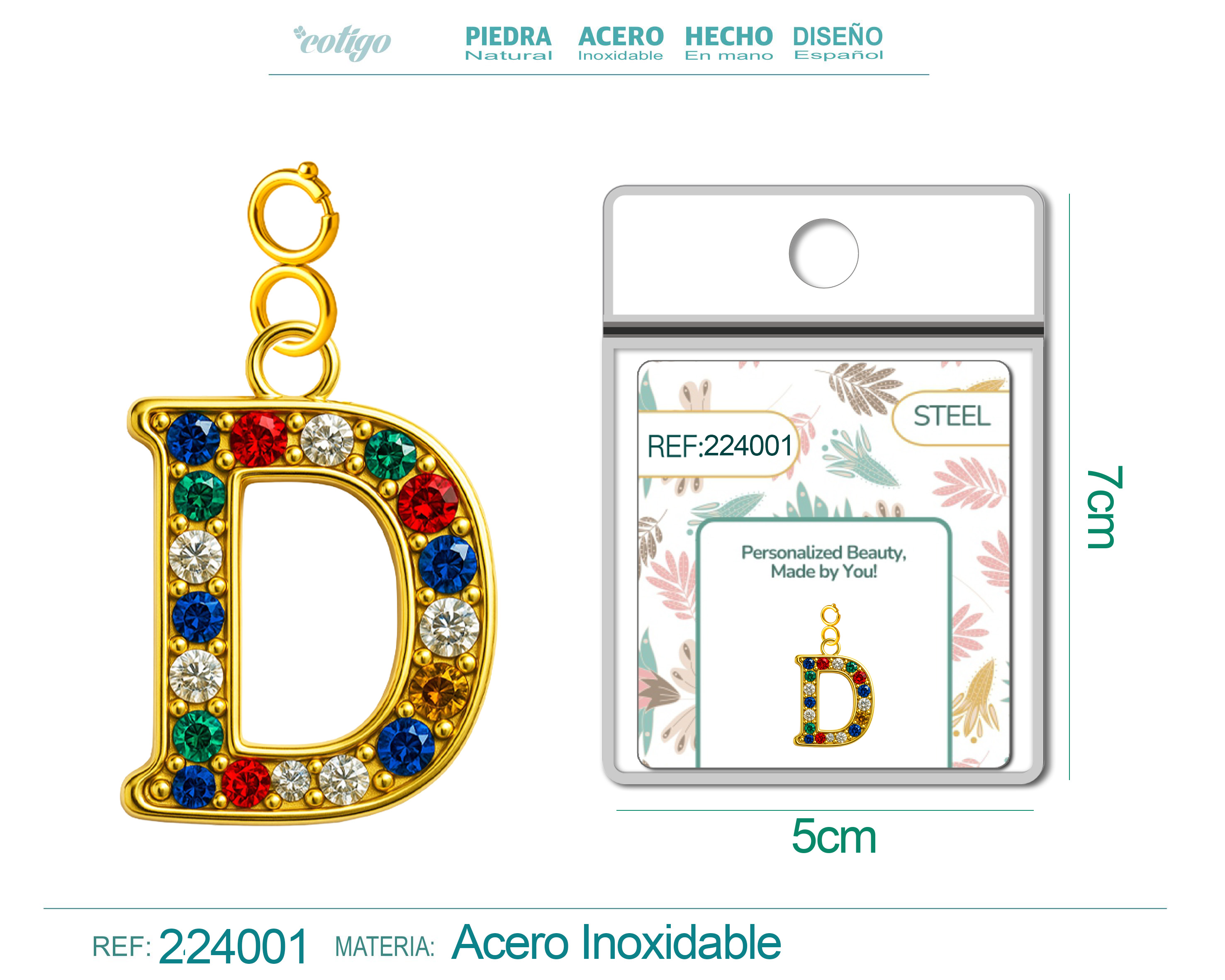 CHARM de Letra D Acero color Dorado con Circonita-con Cierre