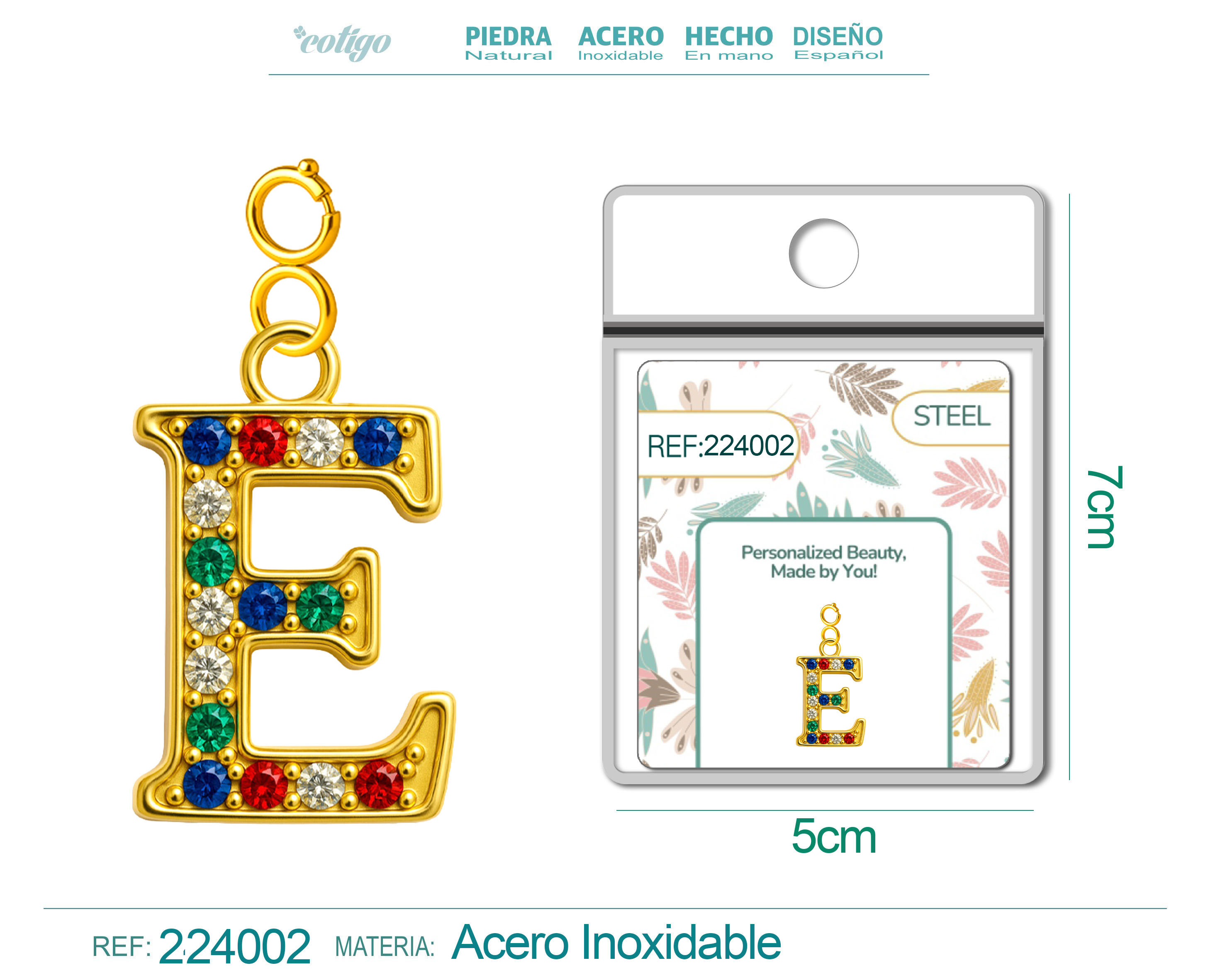 CHARM de Letra E Acero color Dorado con Circonita-con Cierre