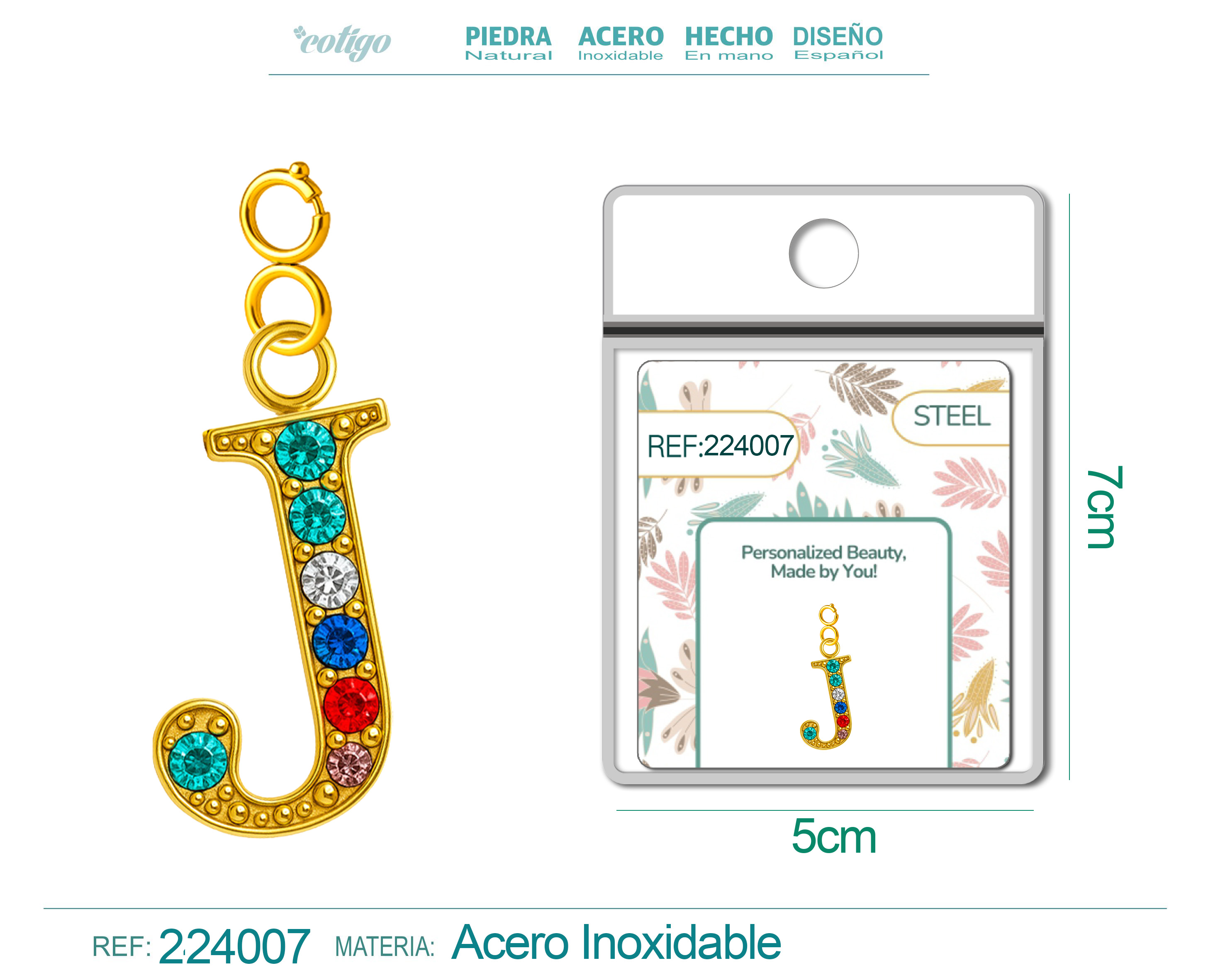 CHARM de Letra J Acero color Dorado con Circonita-con Cierre