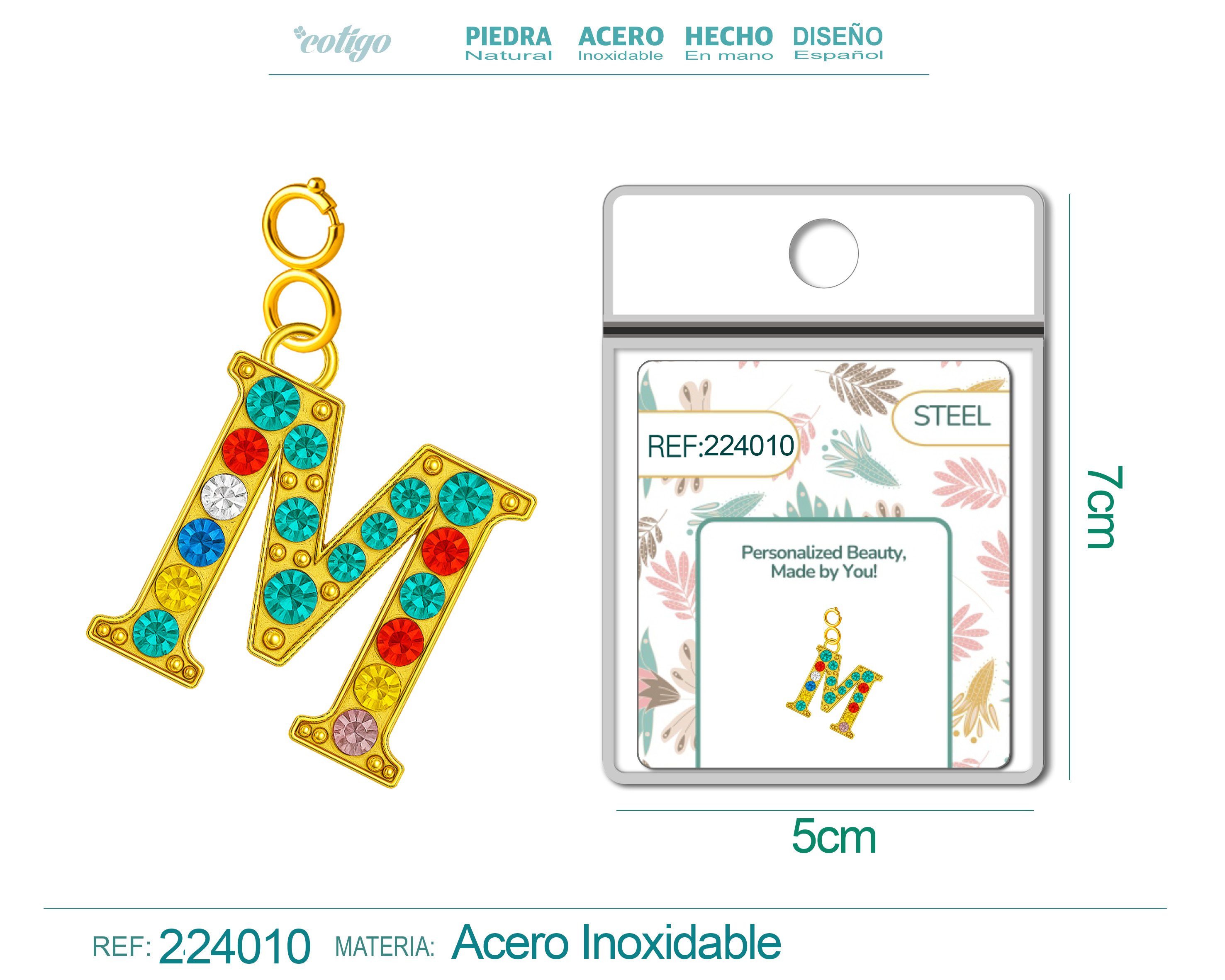 CHARM de Letra M Acero color Dorado con Circonita-con Cierre