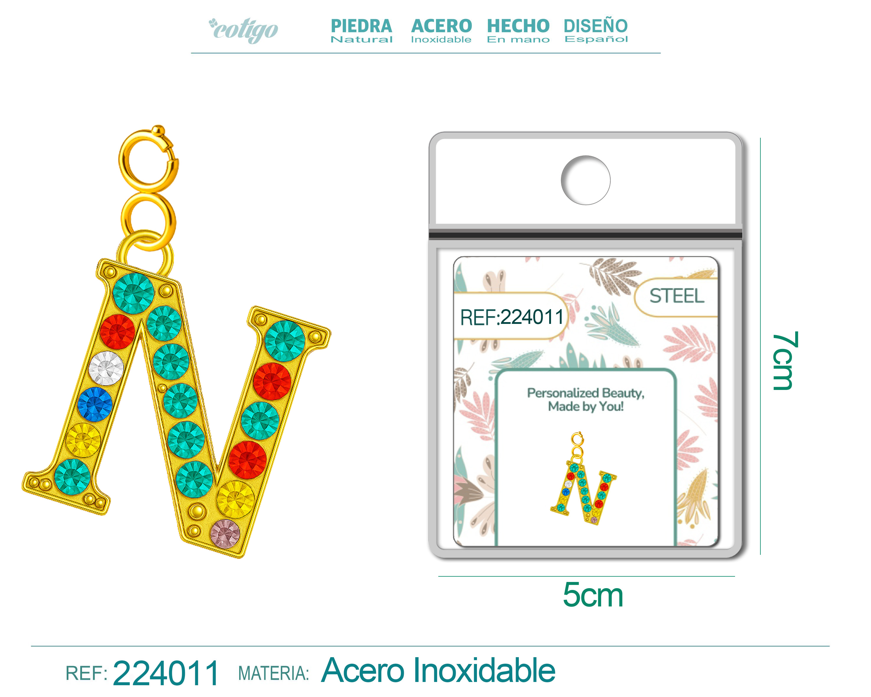 CHARM de Letra N Acero color Dorado con Circonita-con Cierre