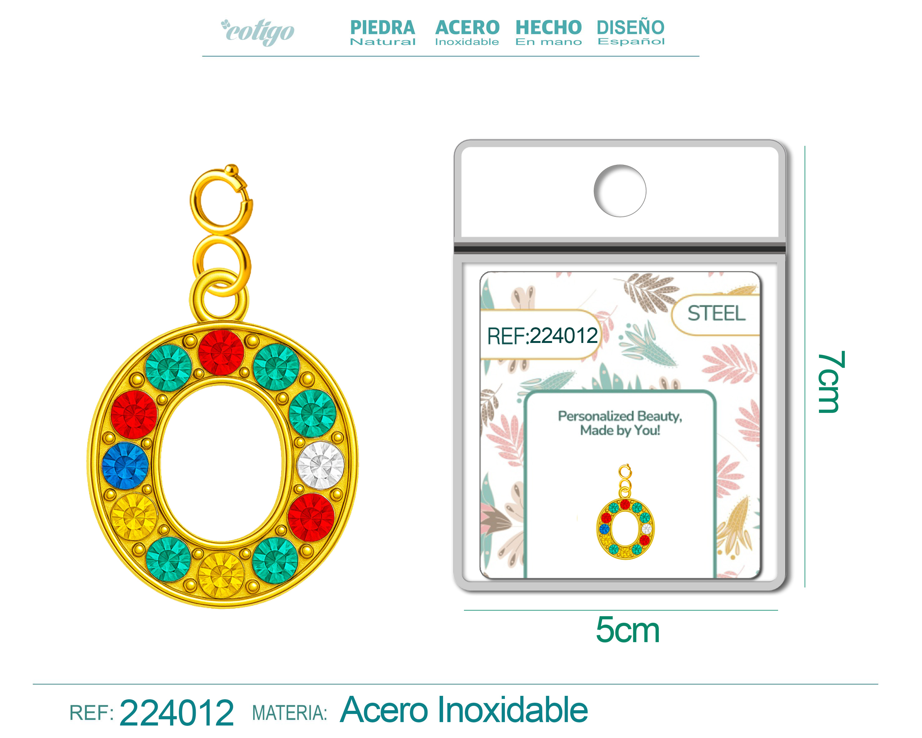CHARM de Letra O Acero color Dorado con Circonita-con Cierre