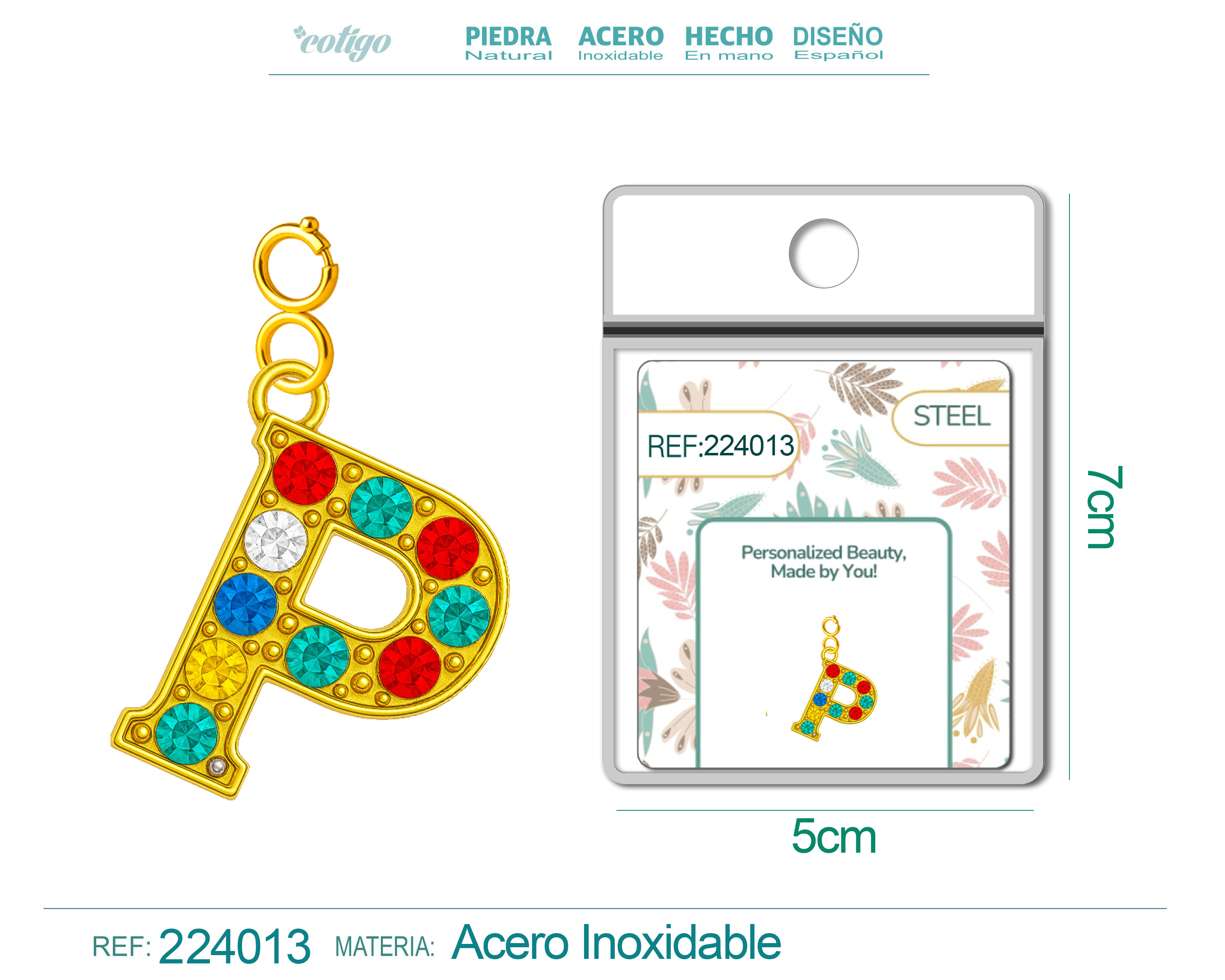 CHARM de Letra P Acero color Dorado con Circonita-con Cierre