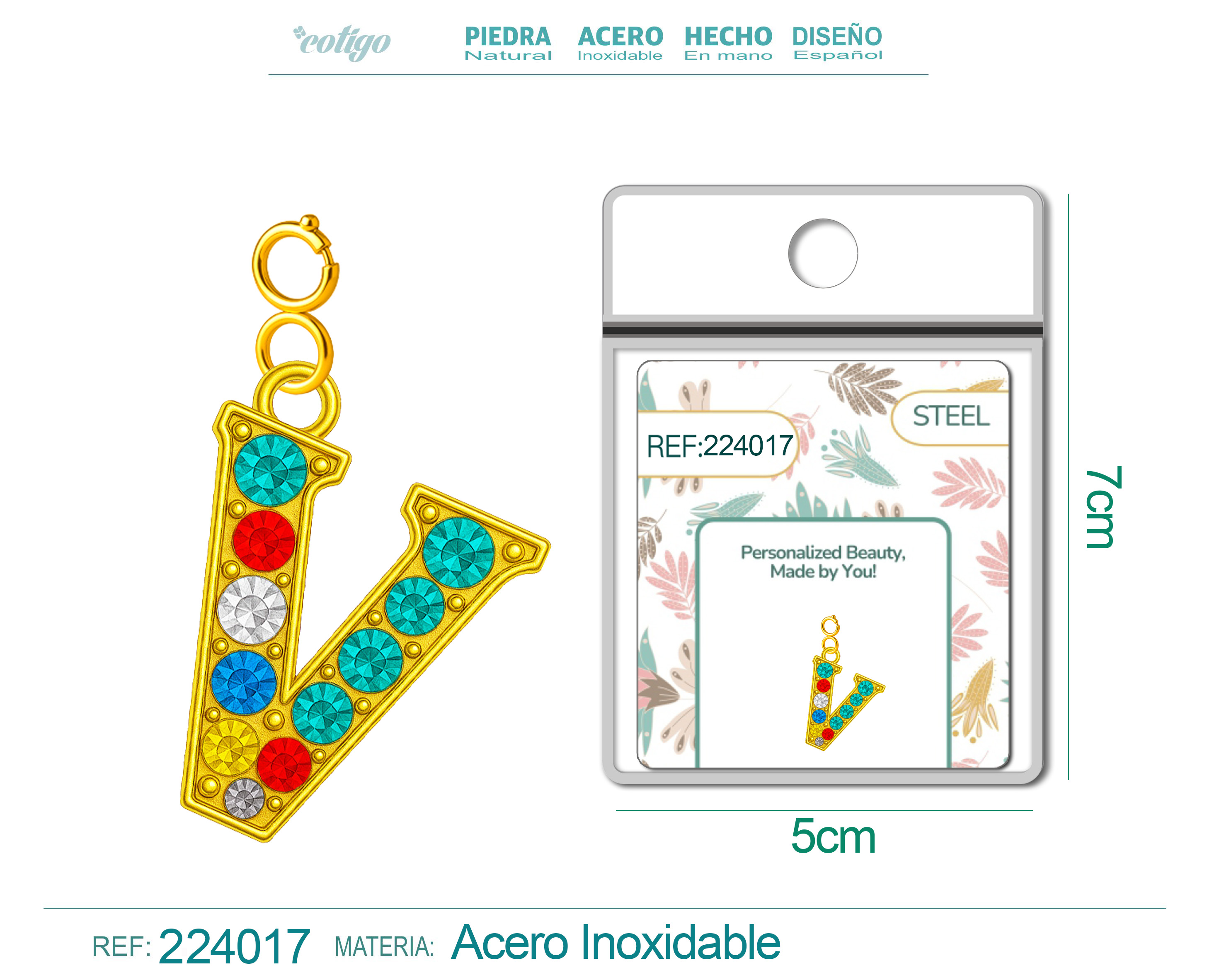 CHARM de Letra V Acero color Dorado con Circonita-con Cierre
