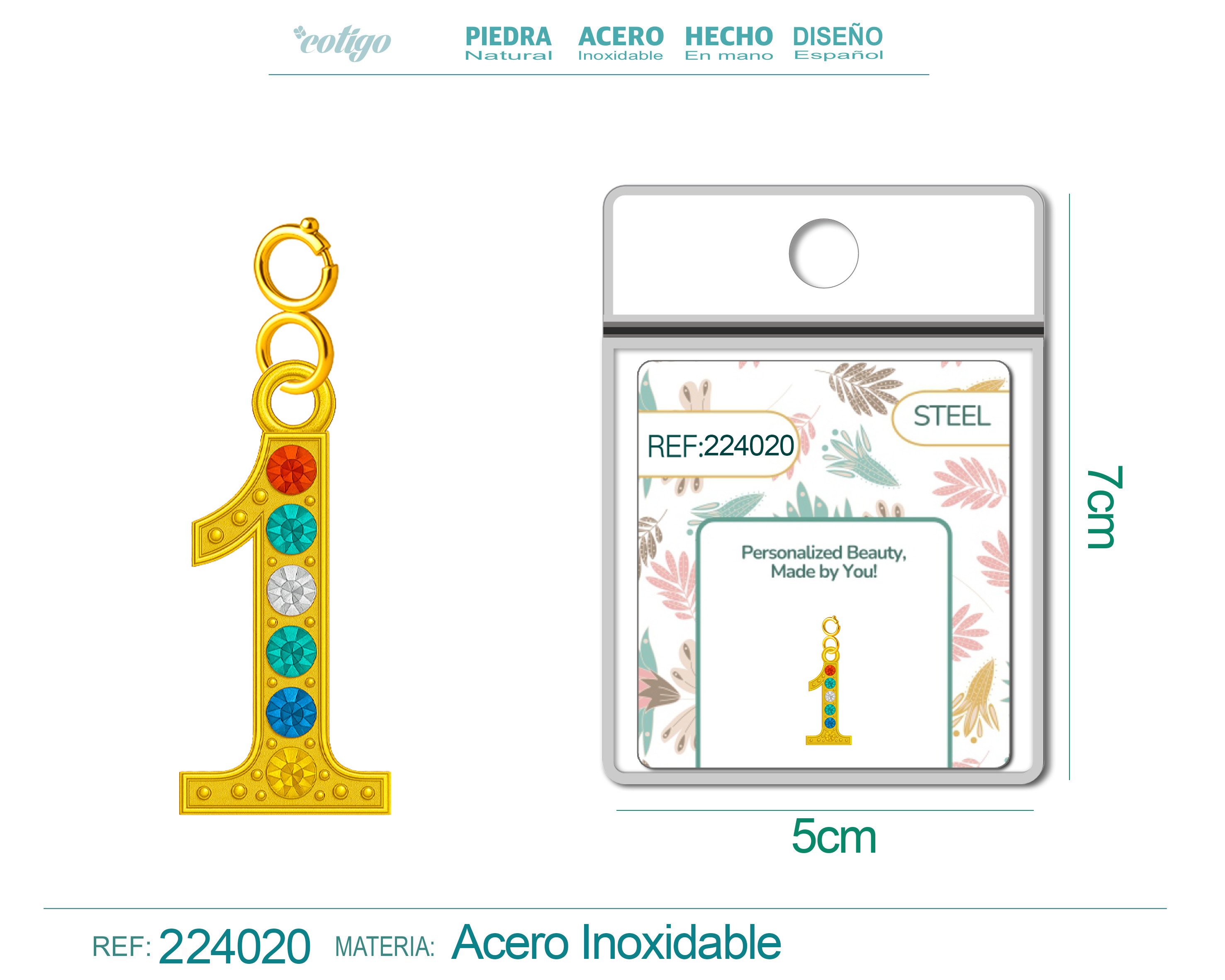 CHARM de Número 1 Acero color Dorado con Circonita-con Cierre