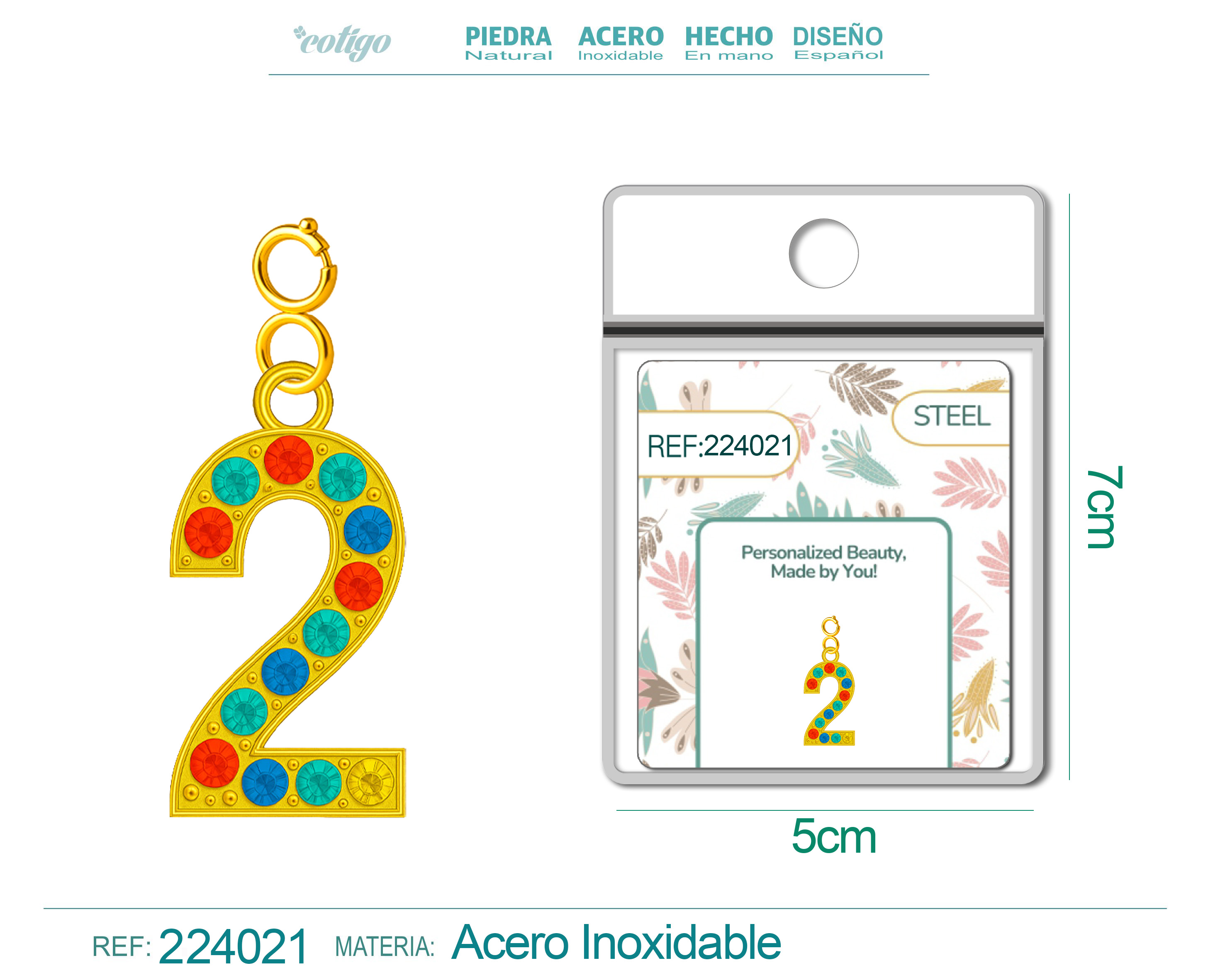 CHARM de Número 2 Acero color Dorado con Circonita-con Cierre