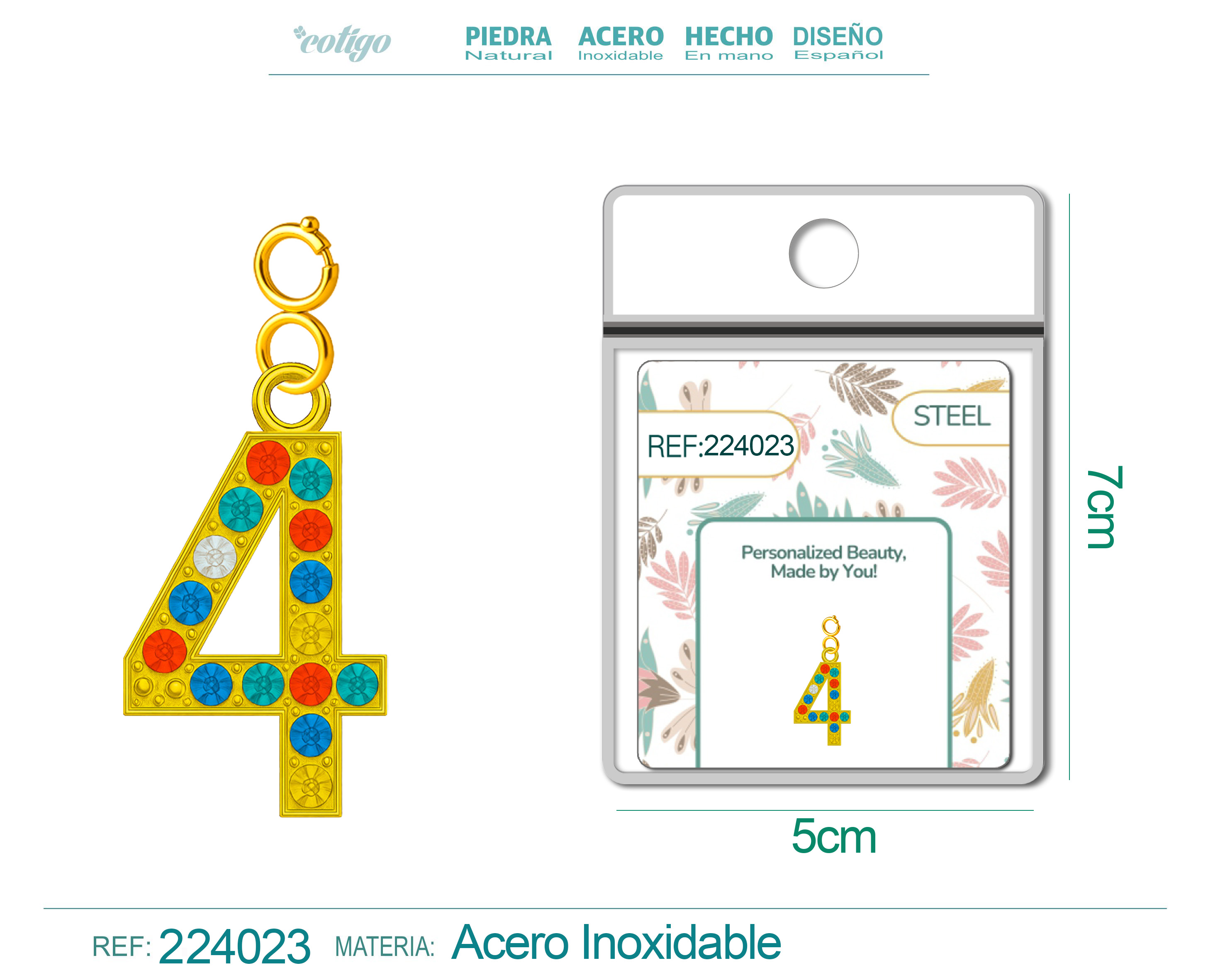 CHARM de Número 4 Acero color Dorado con Circonita-con Cierre