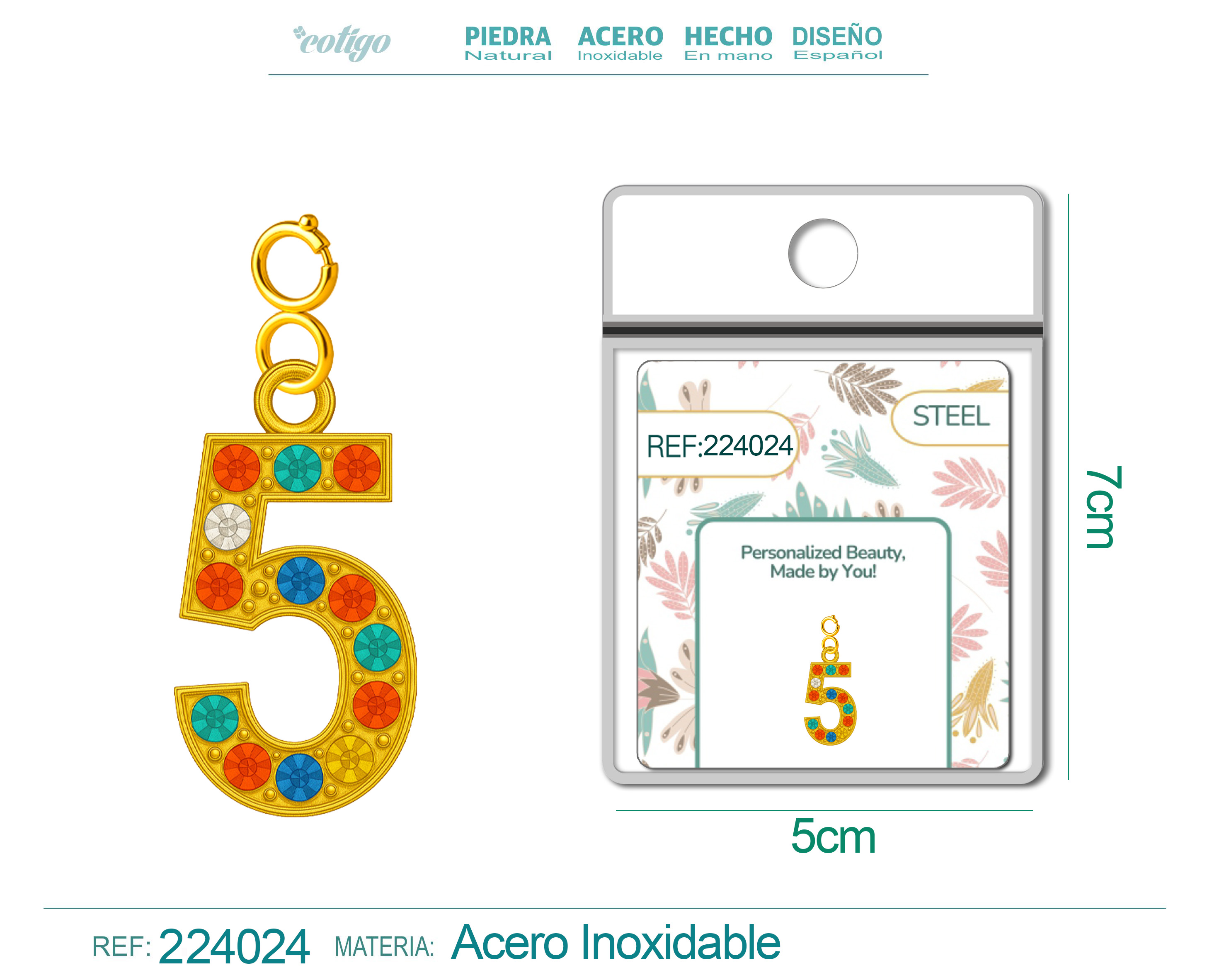 CHARM de Número 5 Acero color Dorado con Circonita-con Cierre