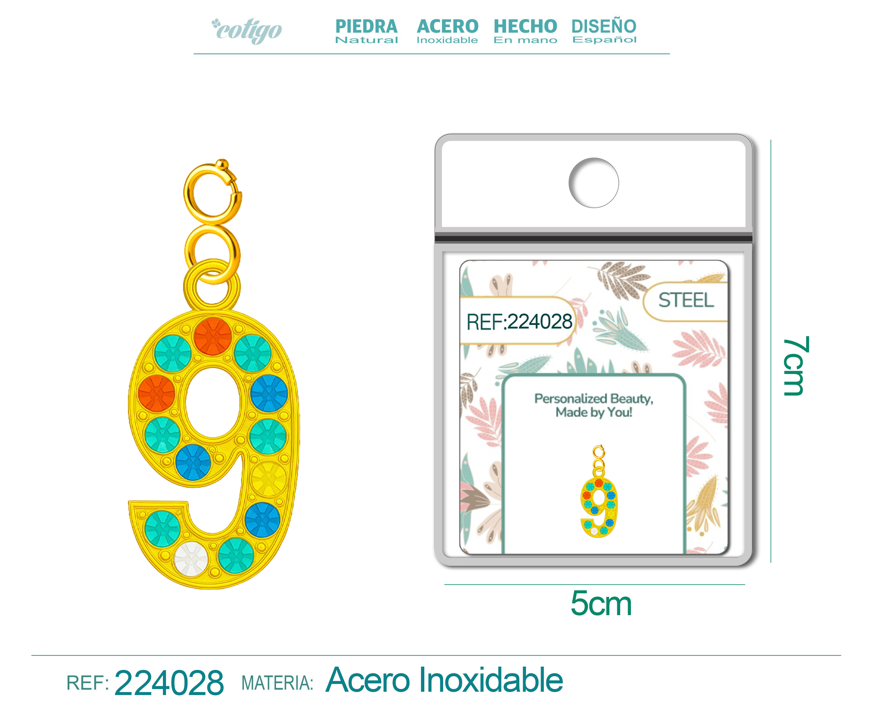 CHARM de Número 9 Acero color Dorado con Circonita-con Cierre