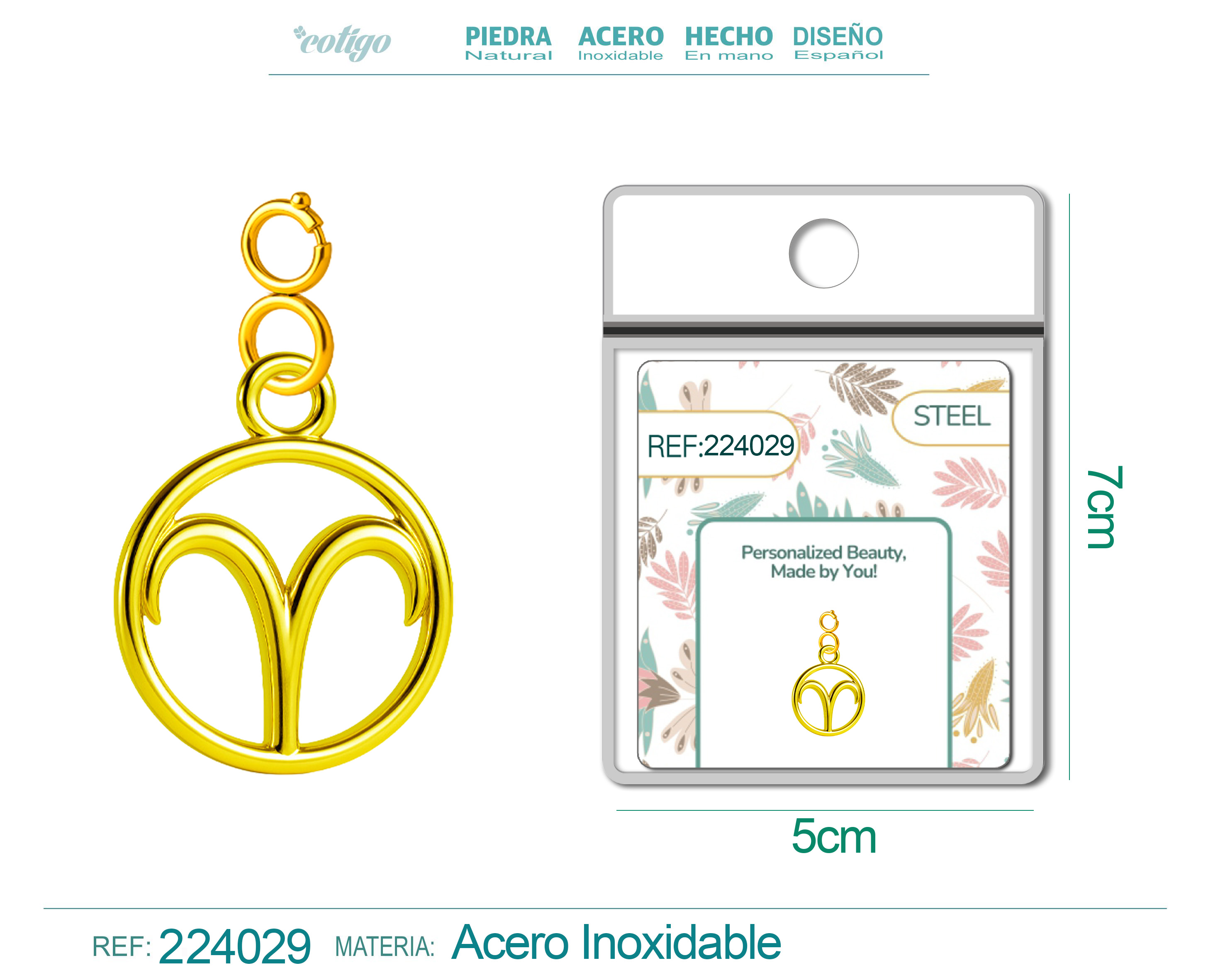 CHARM de Zodíaco Áries Acero color Dorado-con Cierre