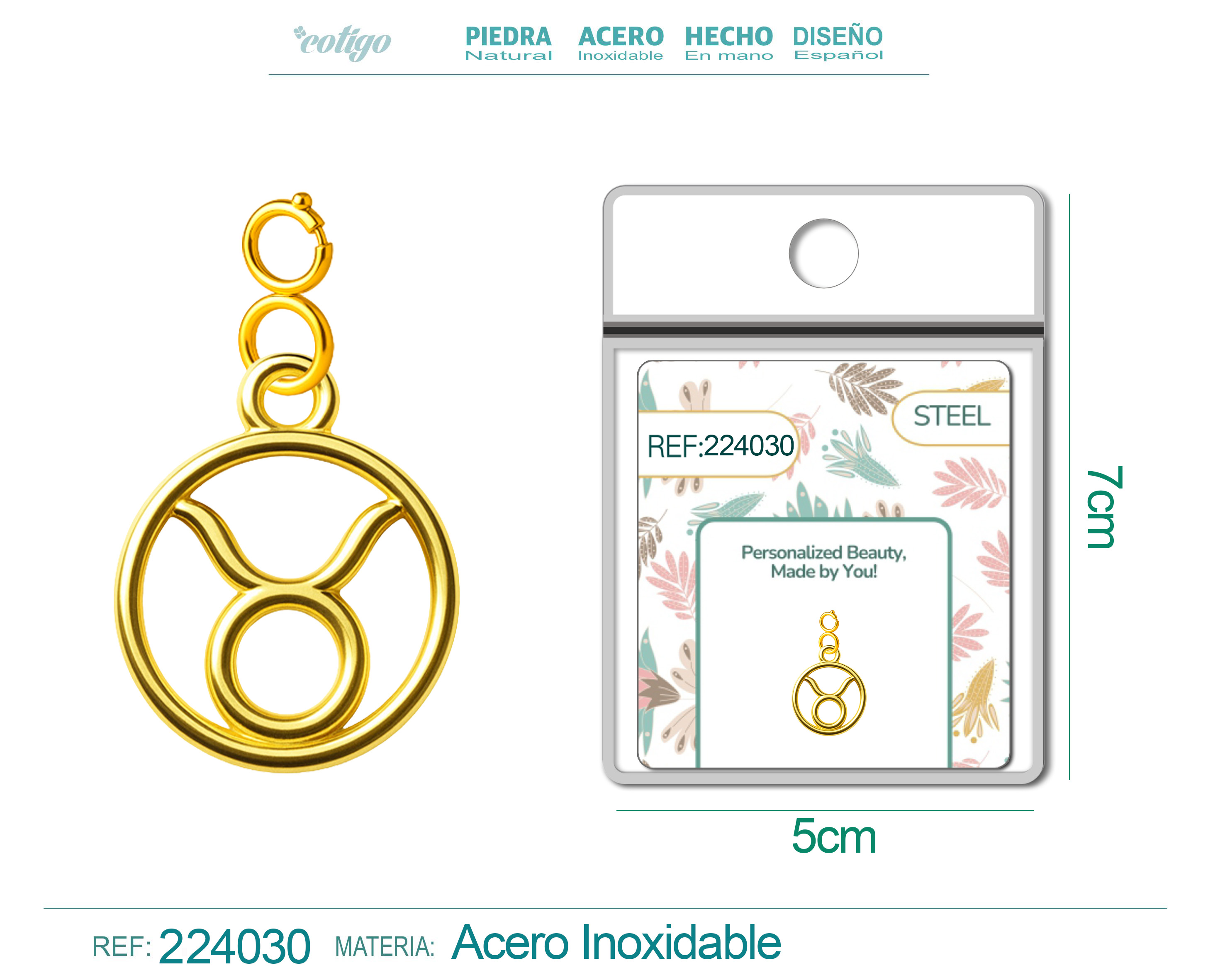 CHARM de Zodíaco Touro Acero color Dorado-con Cierre