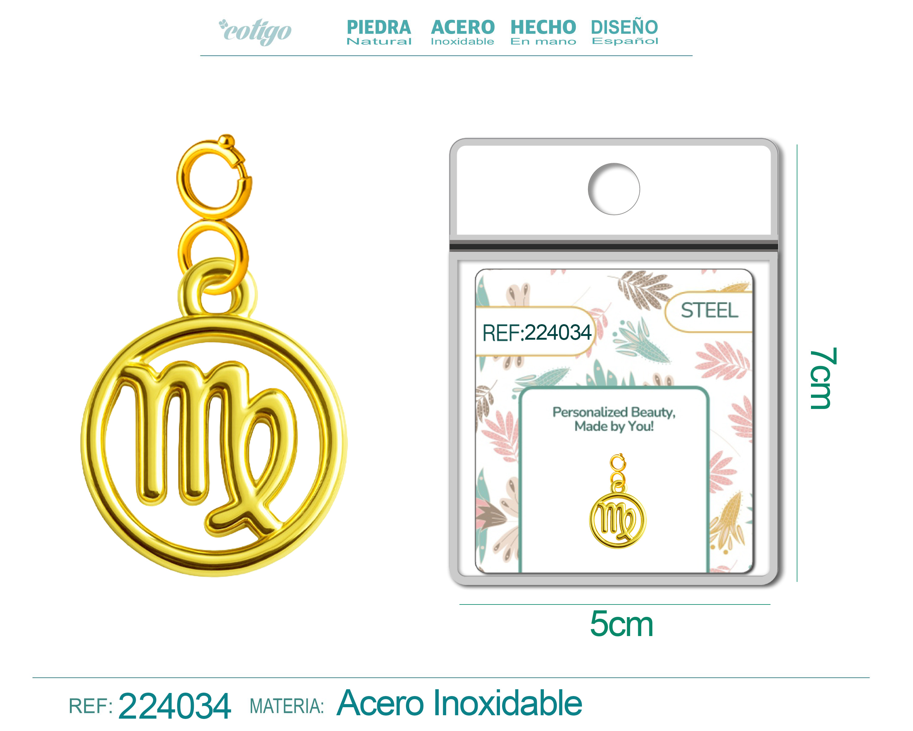 CHARM de Zodíaco Virgem Acero color Dorado-con Cierre