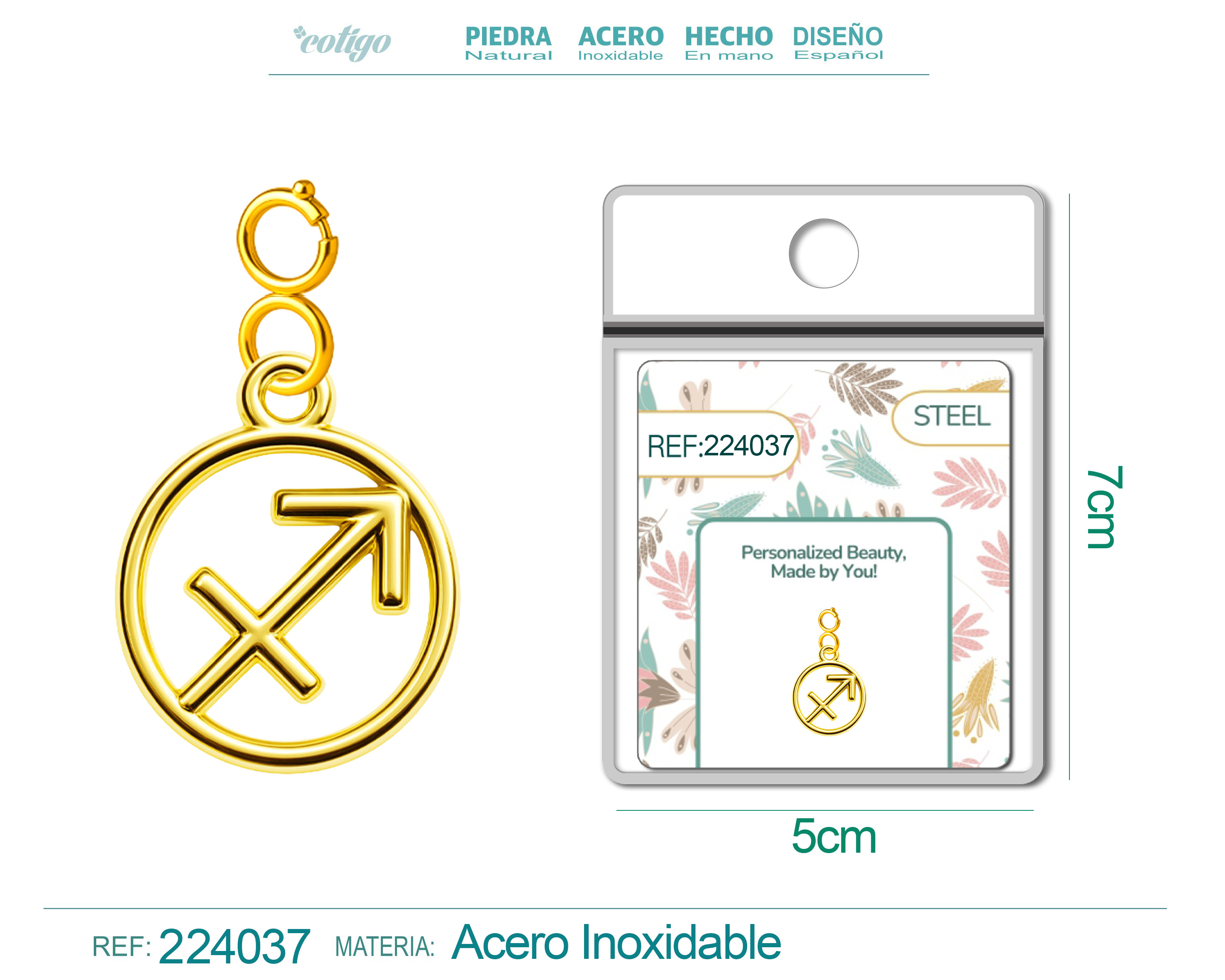 CHARM de Zodíaco Sagitário Acero color Dorado-con Cierre