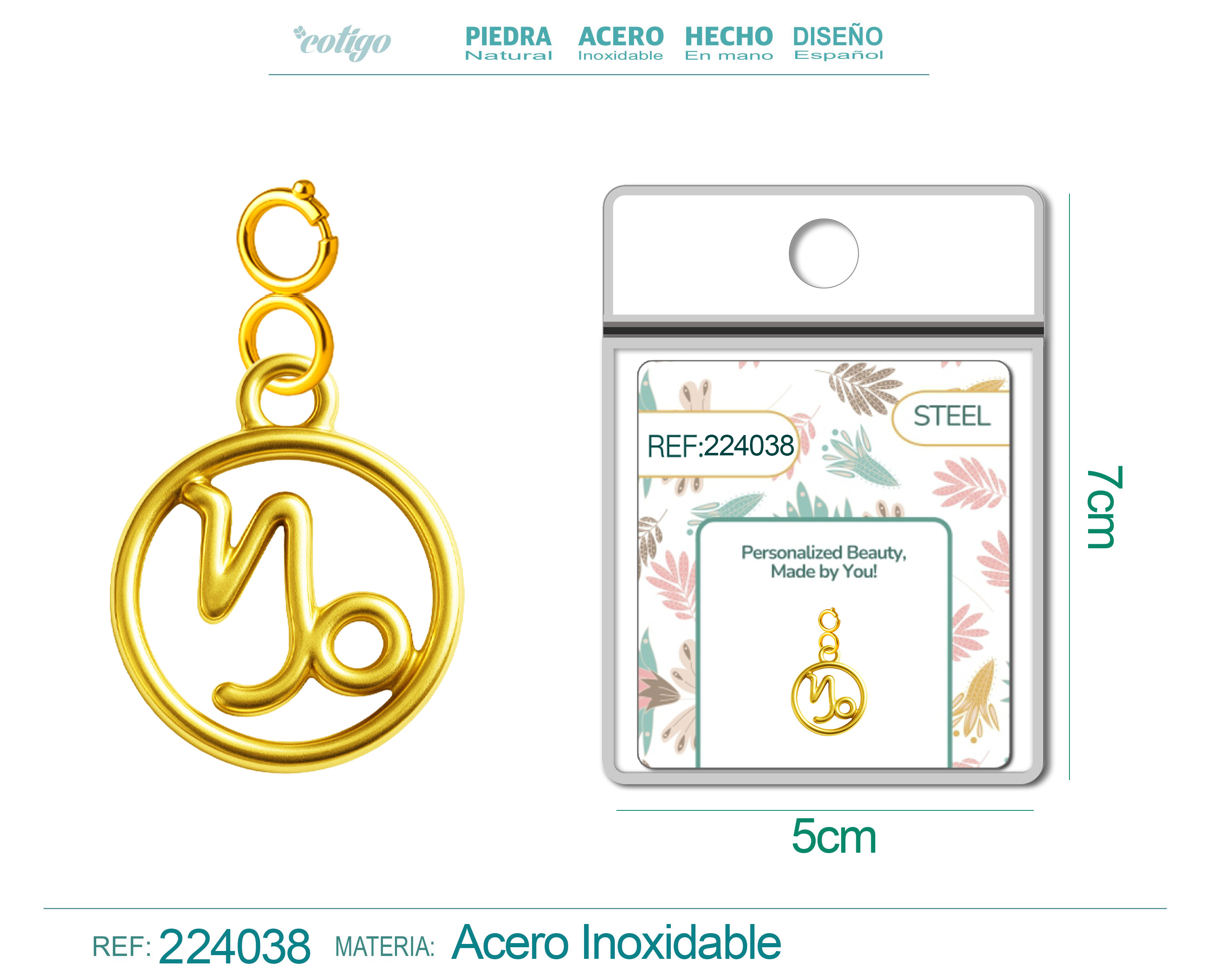 CHARM de Zodíaco Capricórnio Acero color Dorado-con Cierre
