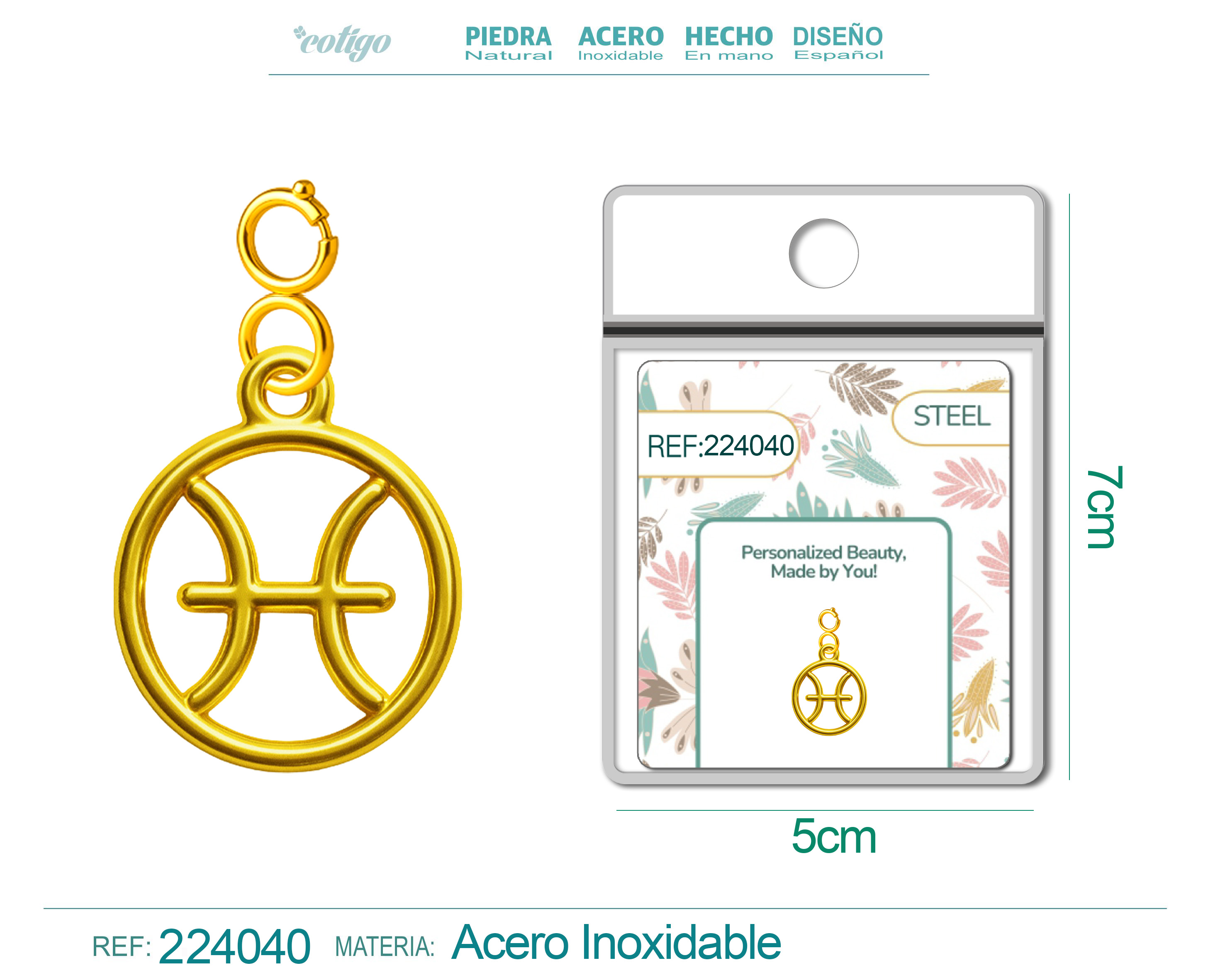 CHARM de Zodíaco Peixes Acero color Dorado-con Cierre