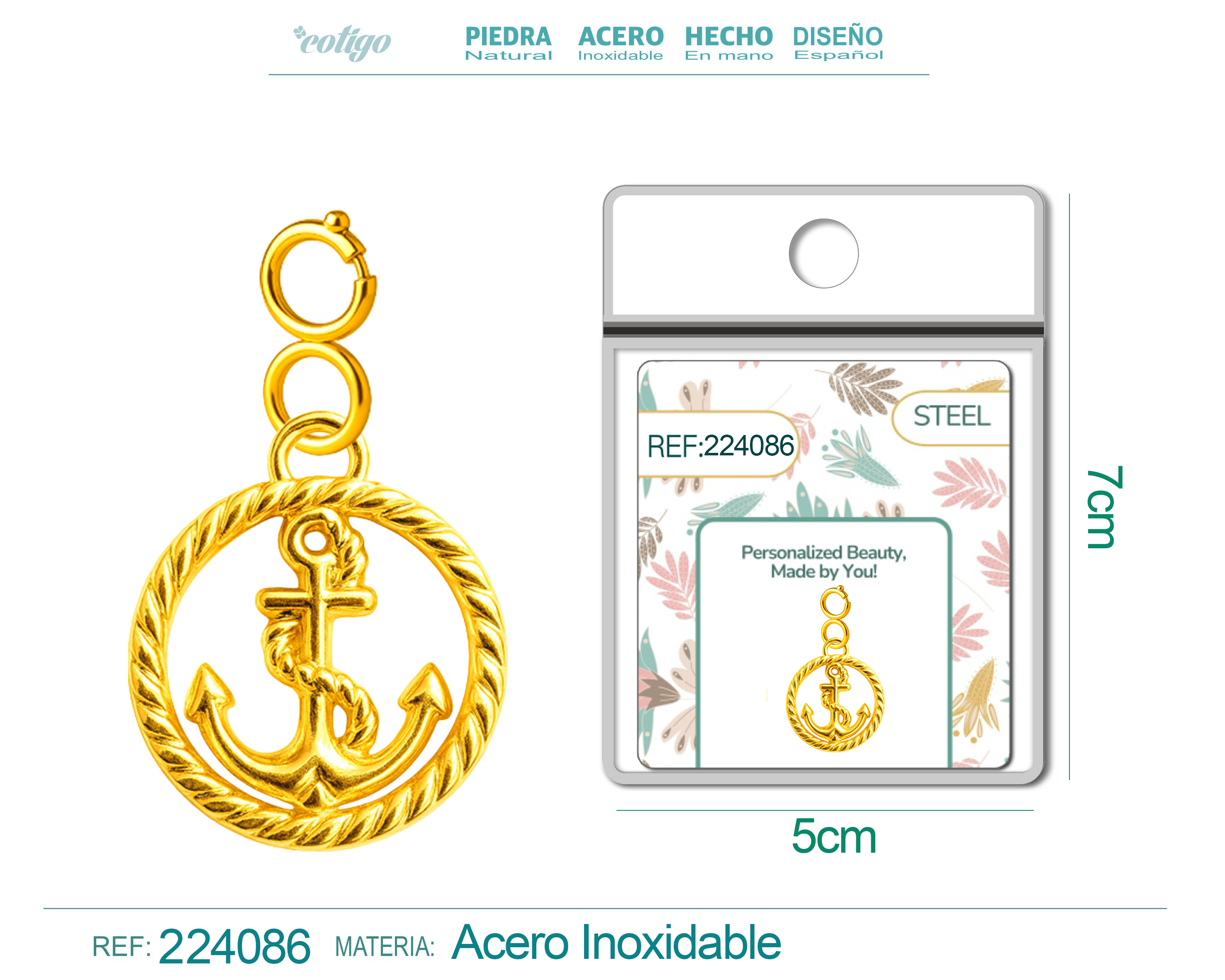 CHARM Acero Dorado Chapado Oro 14 K-con Cierre