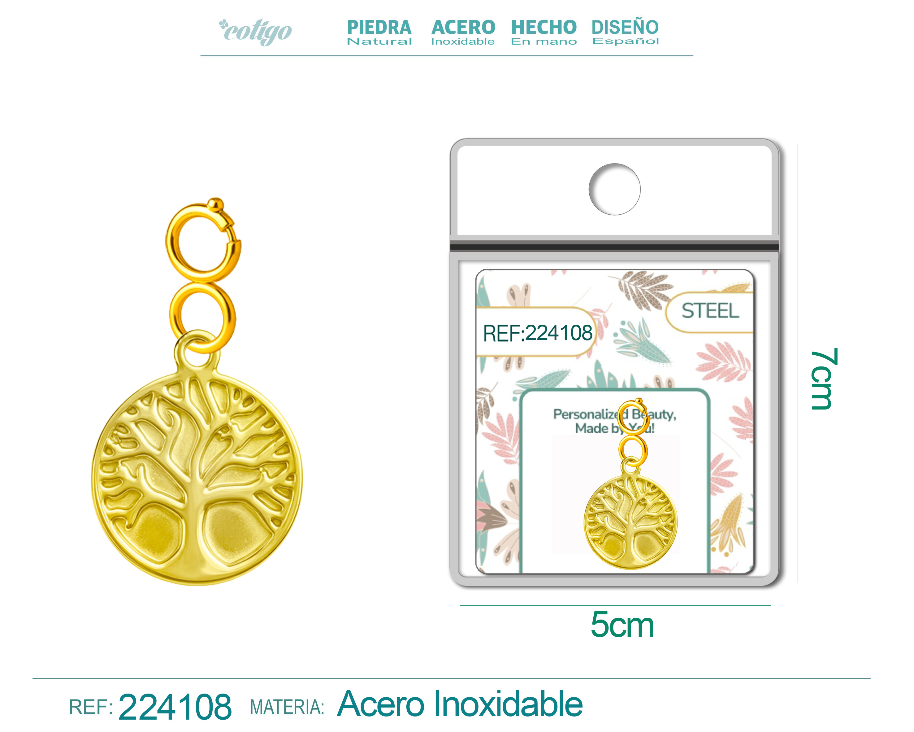 CHARM Acero Dorado Chapado Oro 14 K-con Cierre