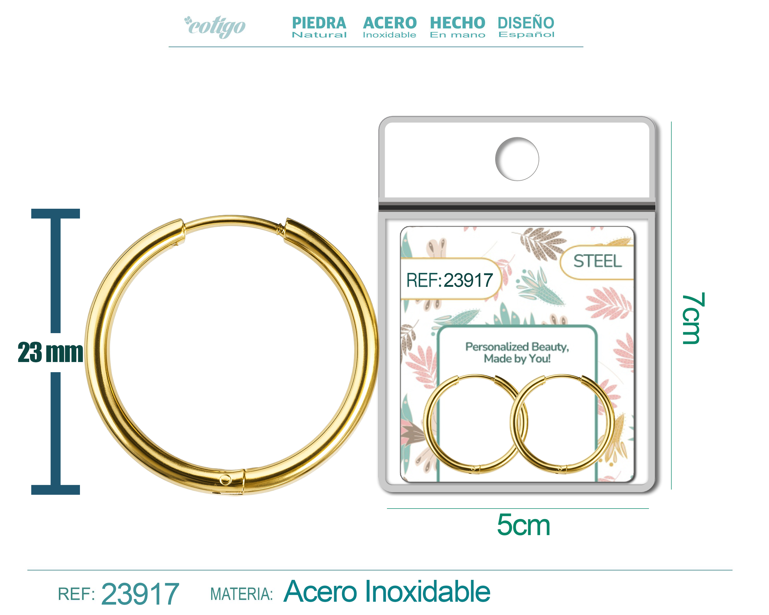Pendiente de Aro Acero 20mm color Dorado para CHARM