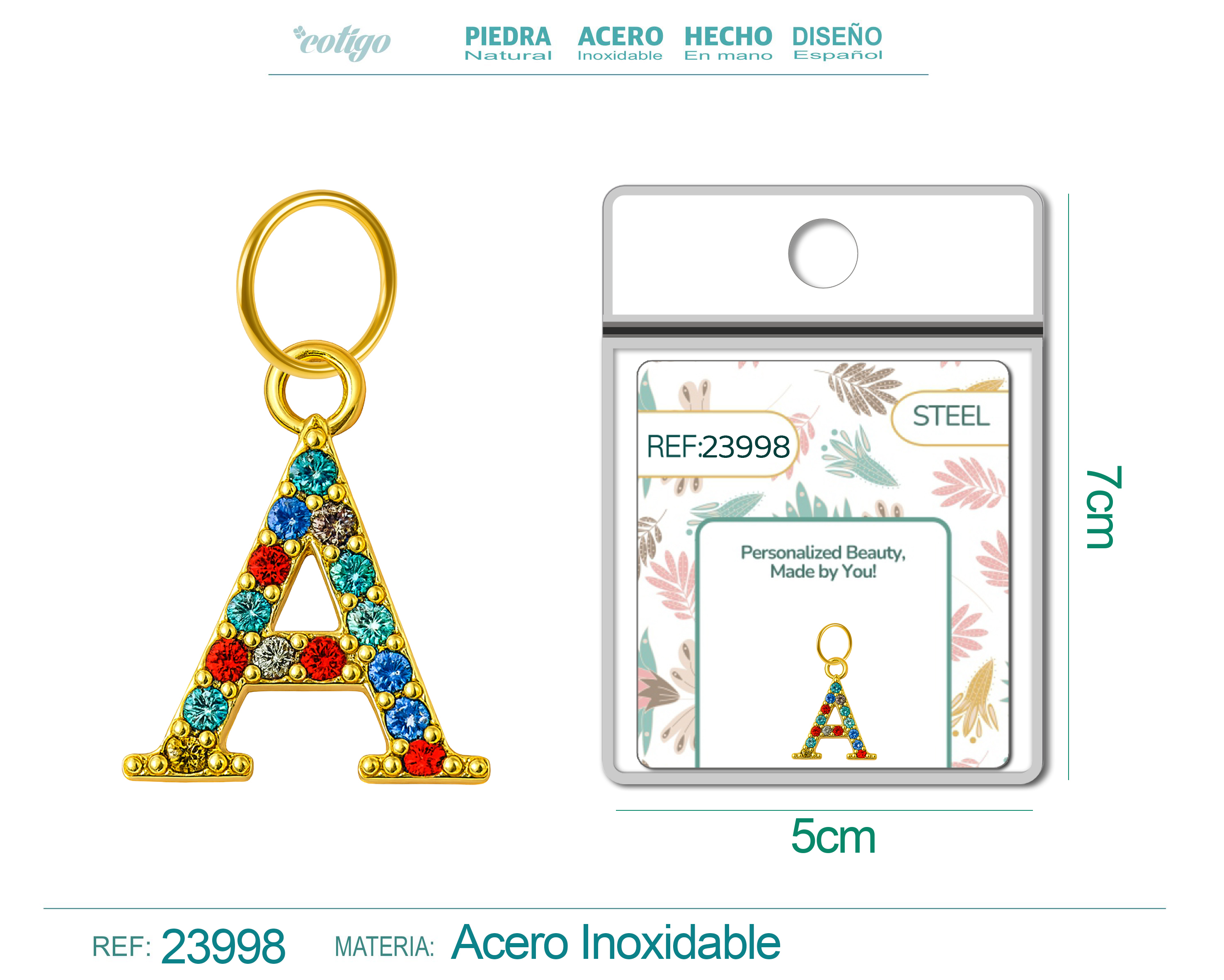 CHARM de Letra A Acero color Dorado con Circonita