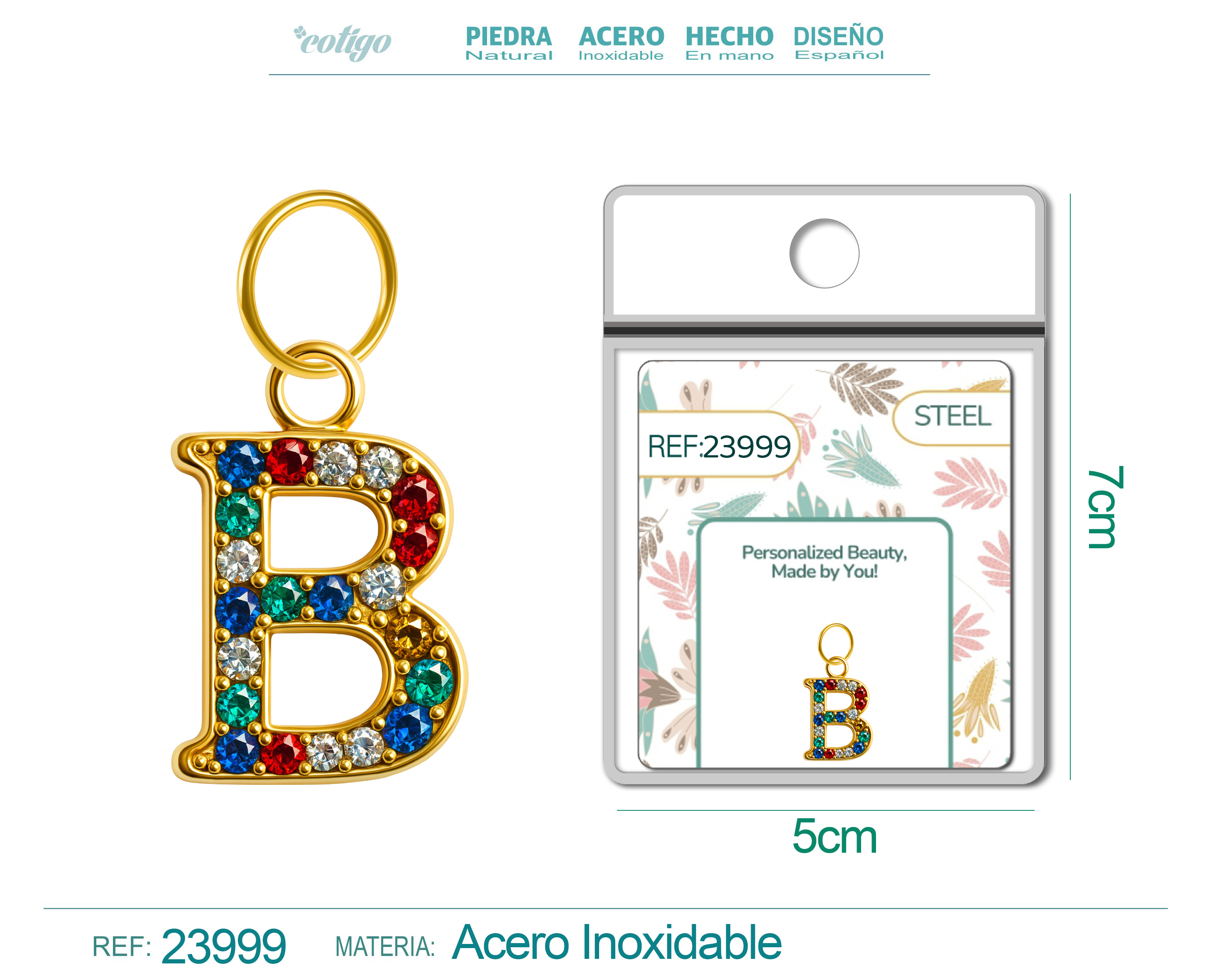 CHARM de Letra B Acero color Dorado con Circonita