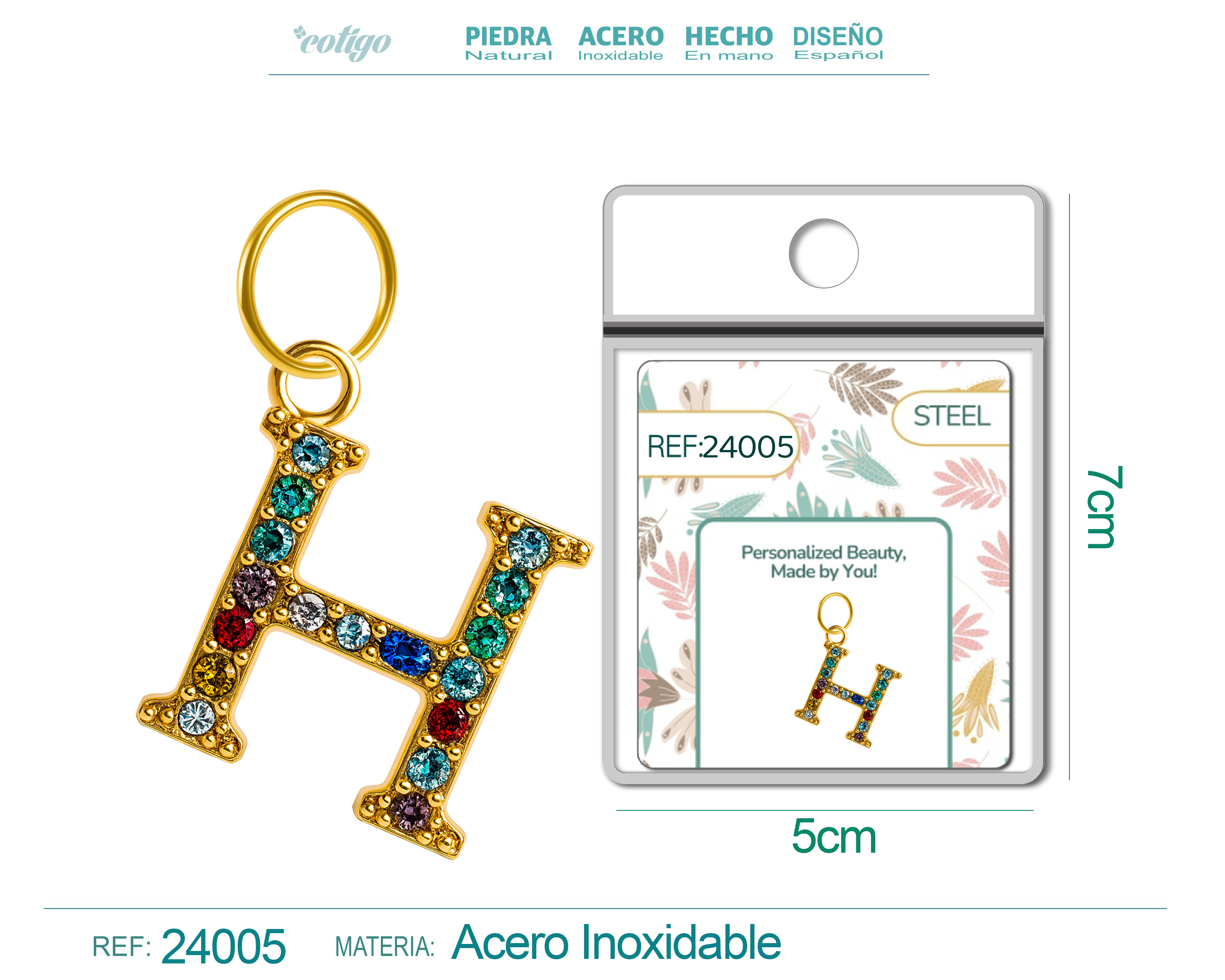 CHARM de Letra H Acero color Dorado con Circonita