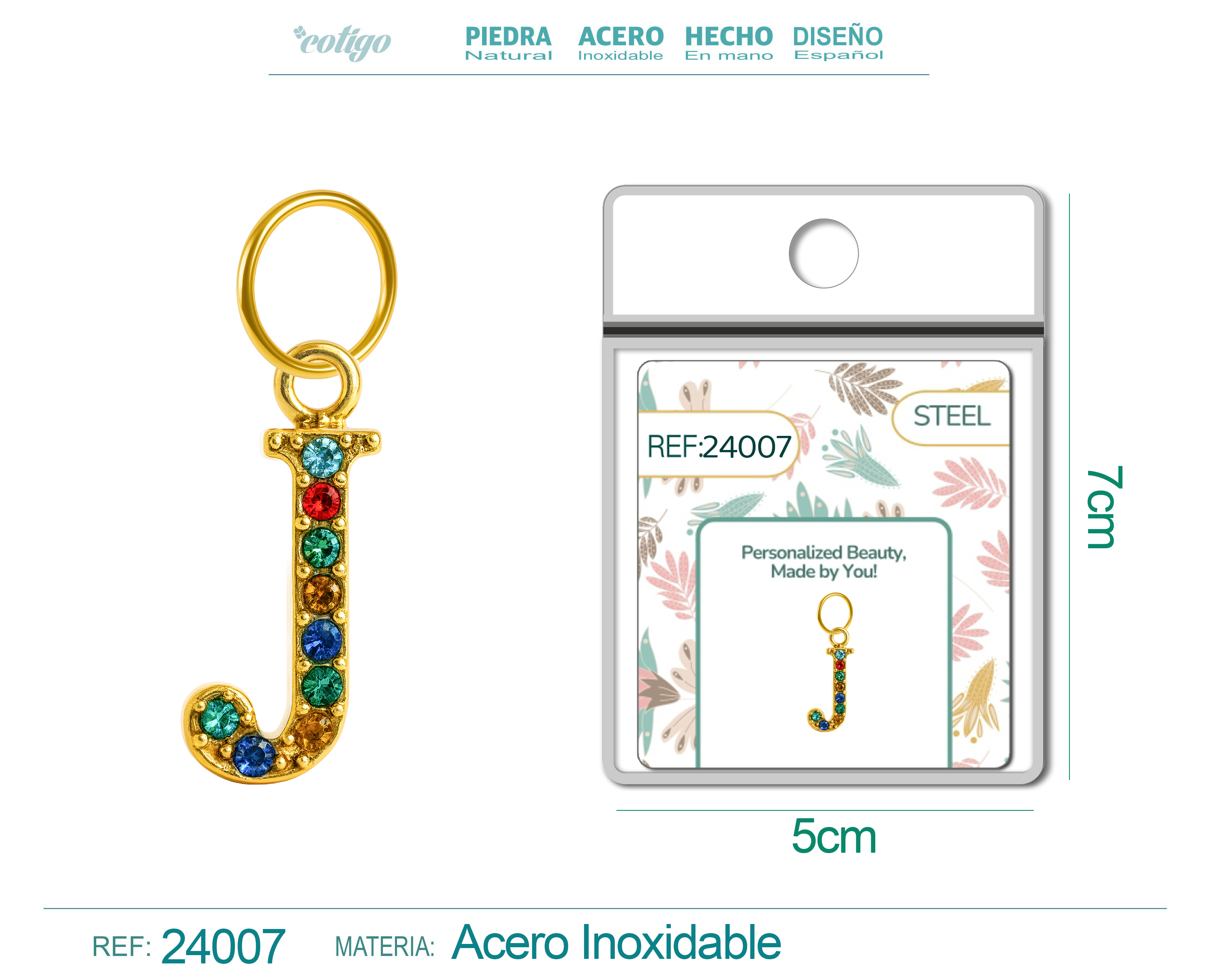 CHARM de Letra J Acero color Dorado con Circonita