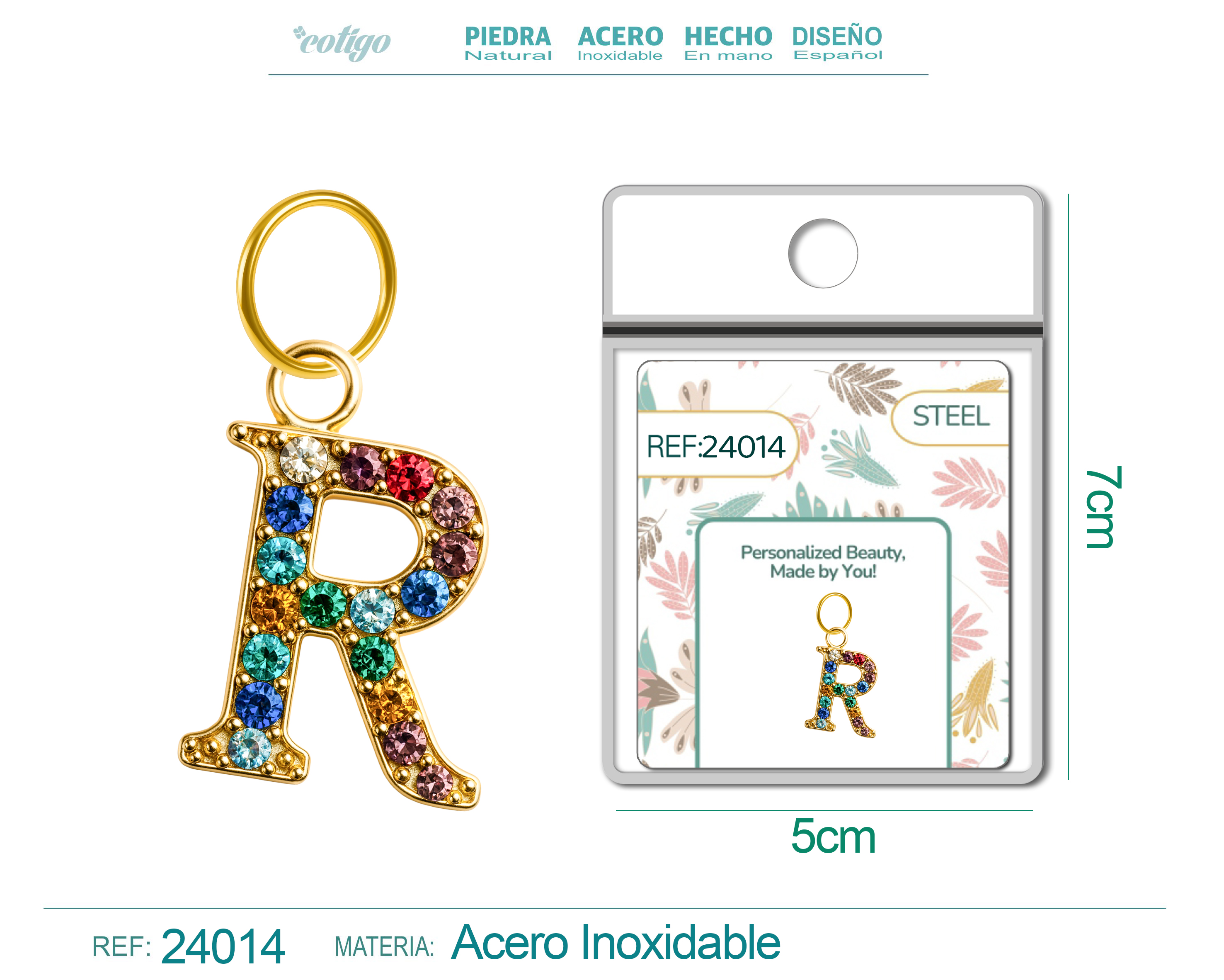 CHARM de Letra R Acero color Dorado con Circonita