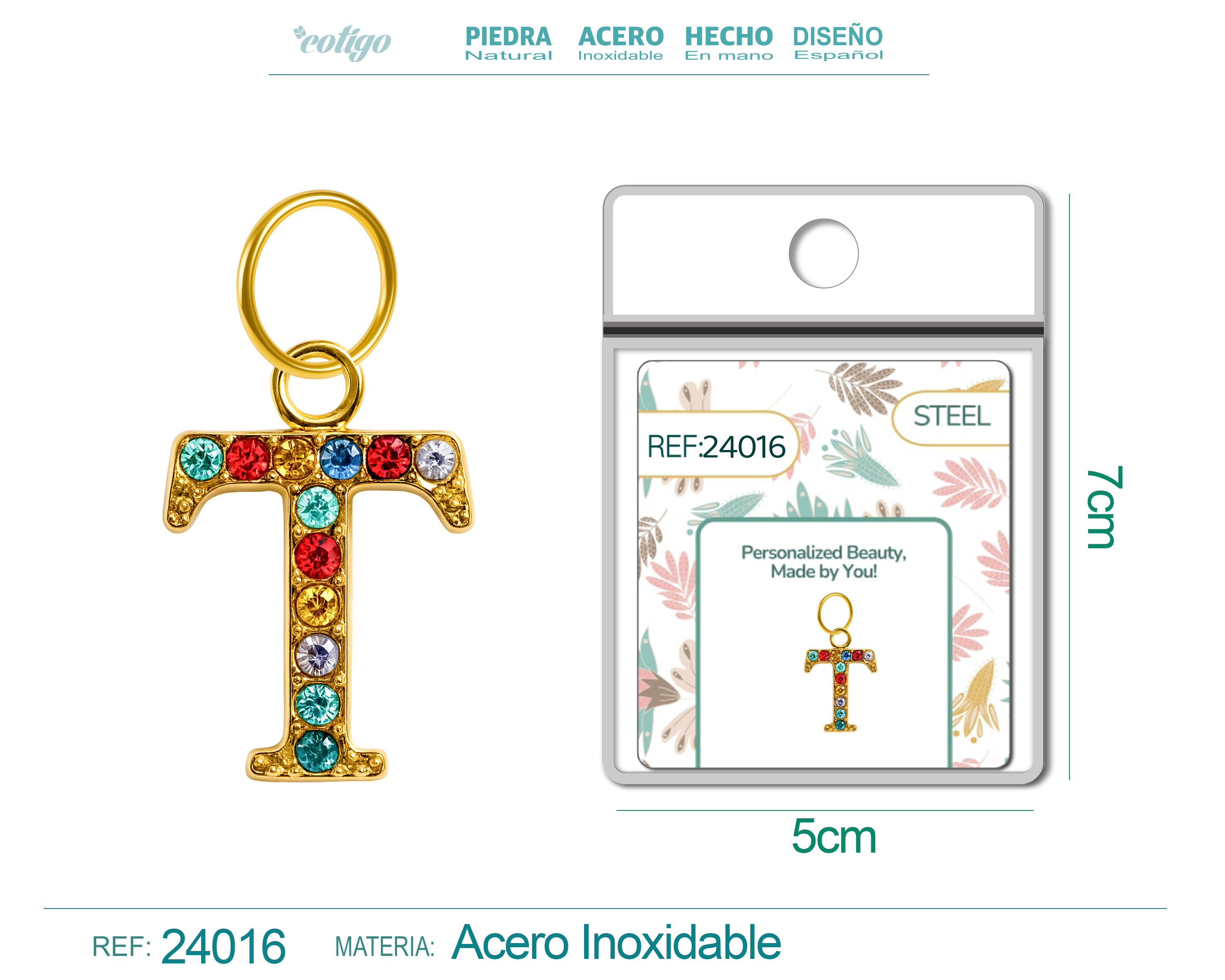 CHARM de Letra T Acero color Dorado con Circonita
