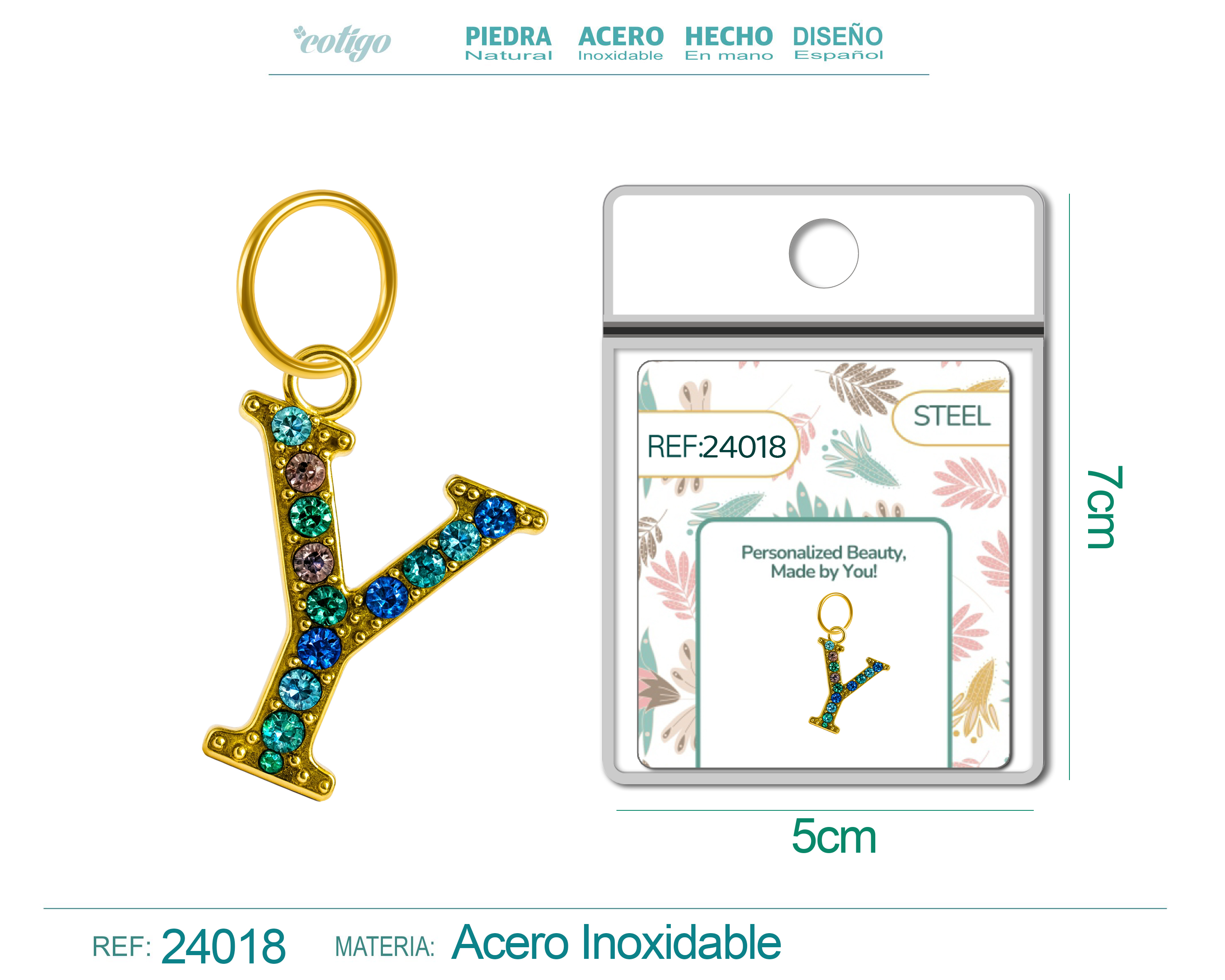 CHARM de Letra Y Acero color Dorado con Circonita