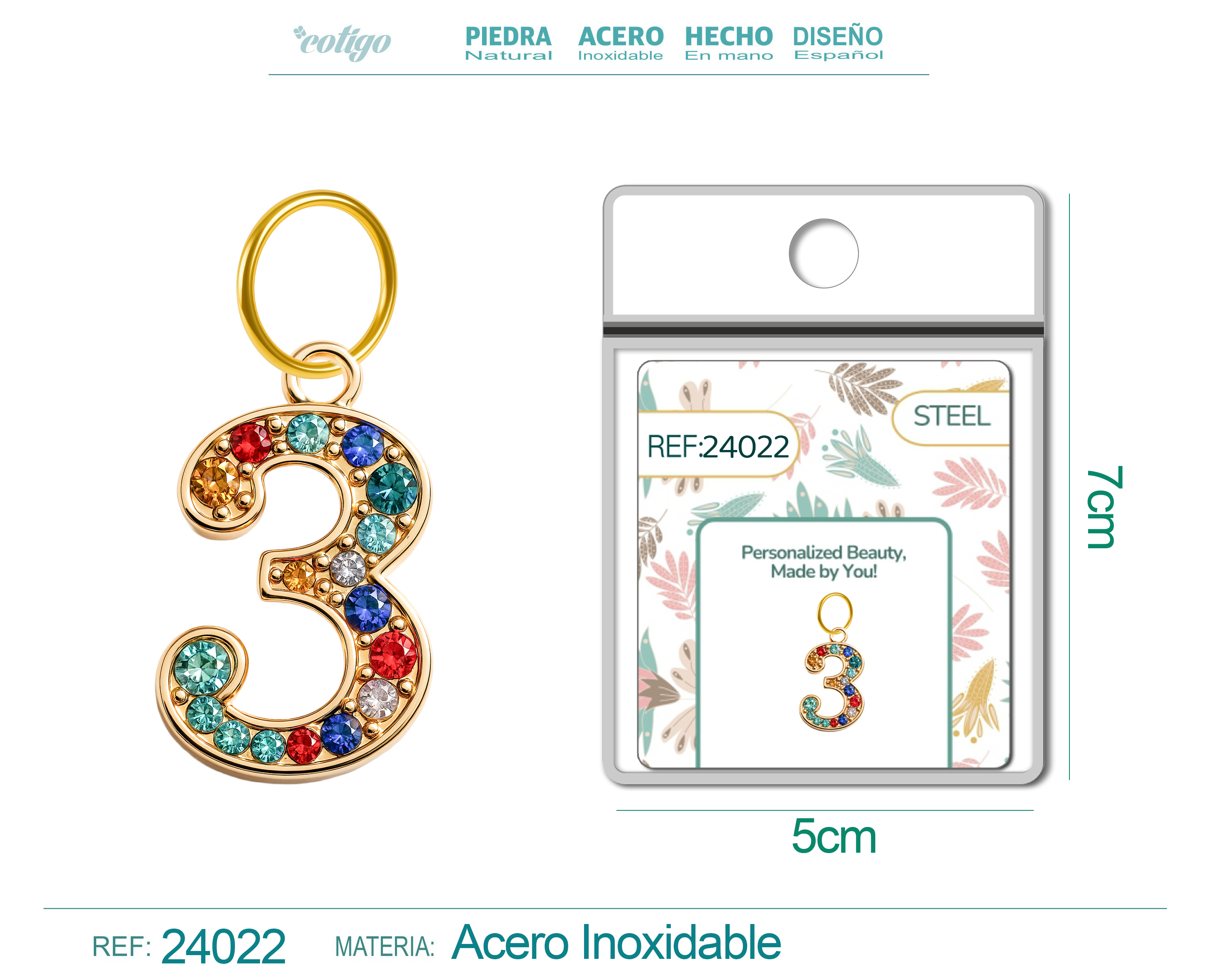 CHARM de Número 3 Acero color Dorado con Circonita
