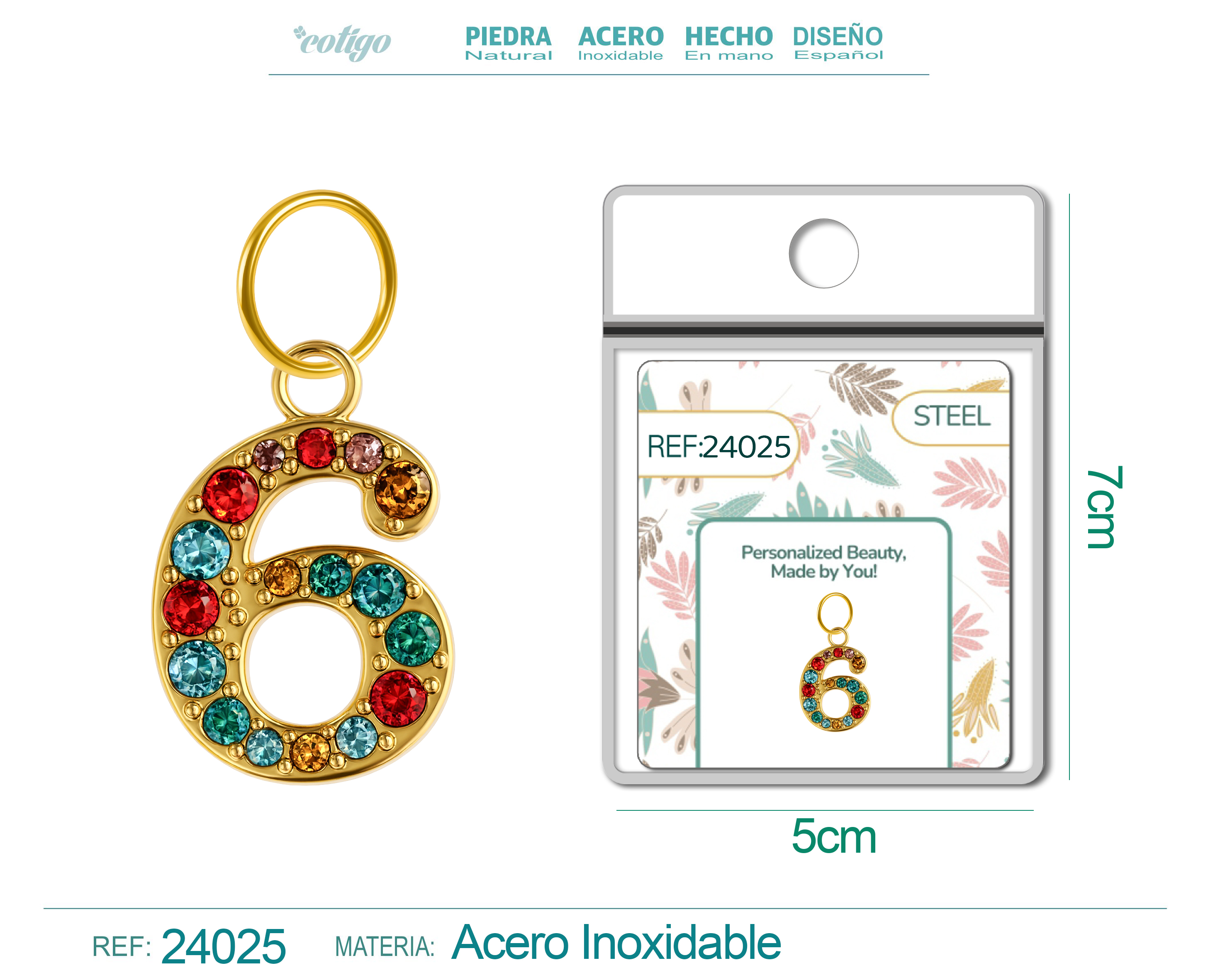 CHARM de Número 6 Acero color Dorado con Circonita