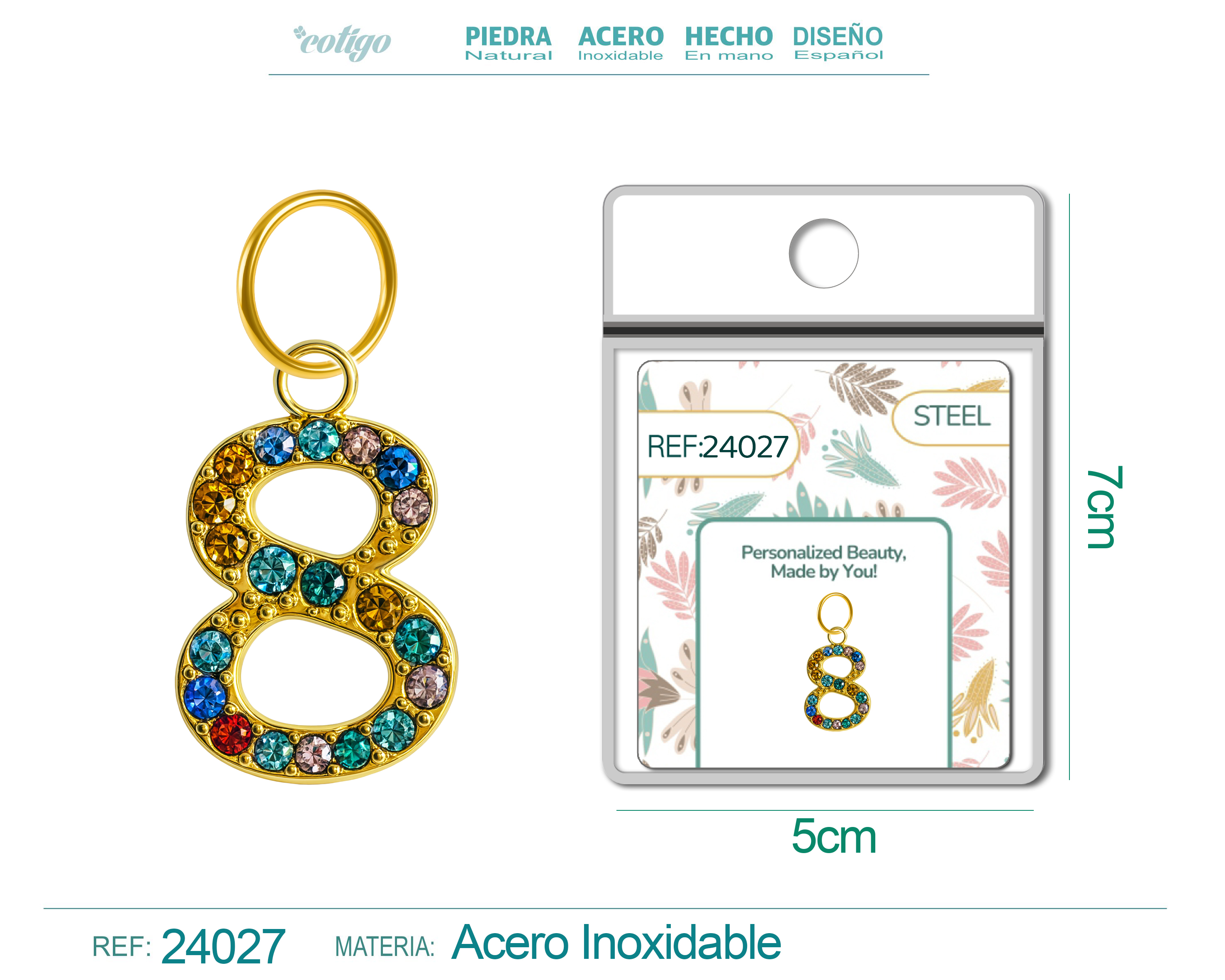 CHARM de Número 8 Acero color Dorado con Circonita