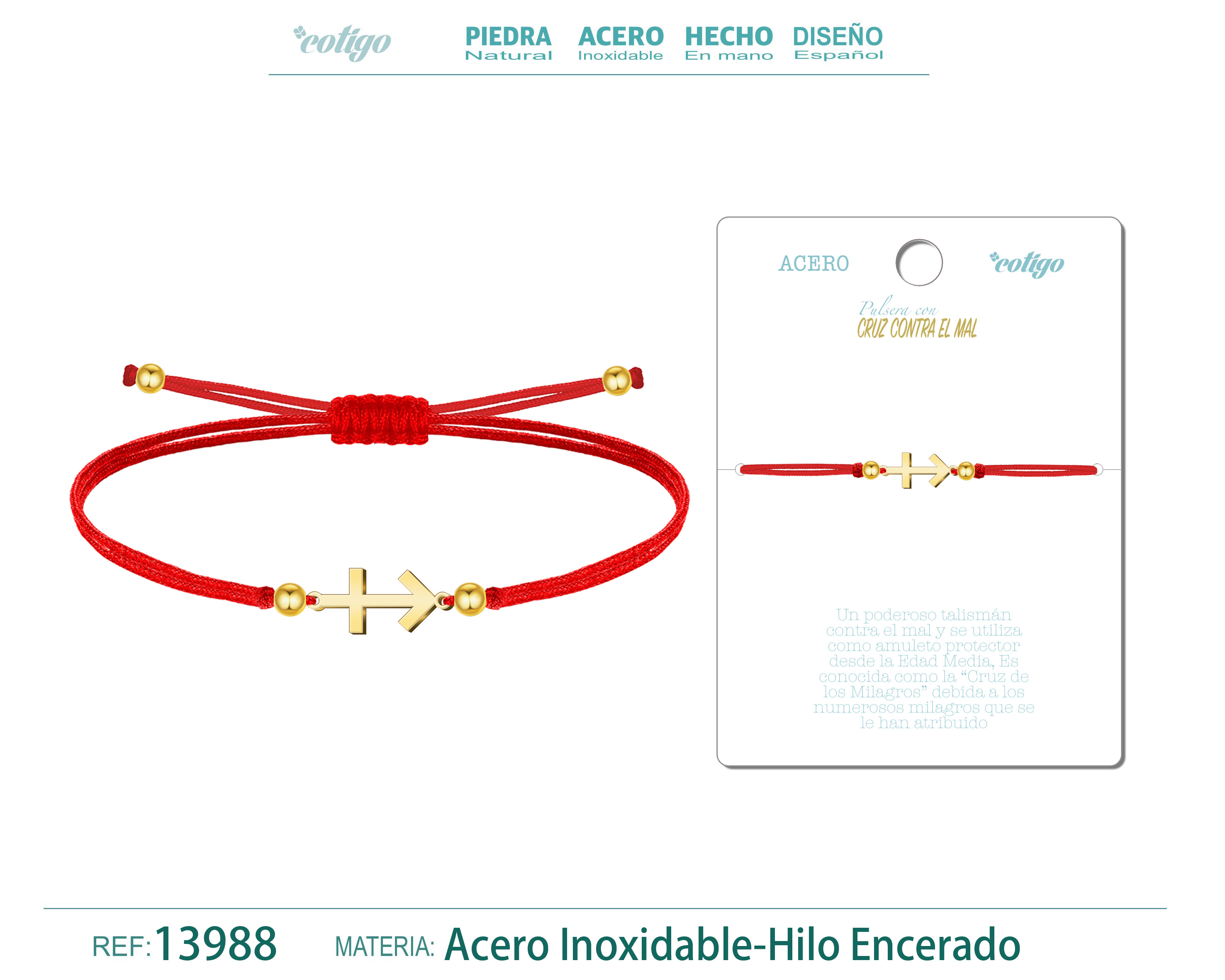 Pulsera Cruz contra el Mal Dorado de Hilo En.Rojo