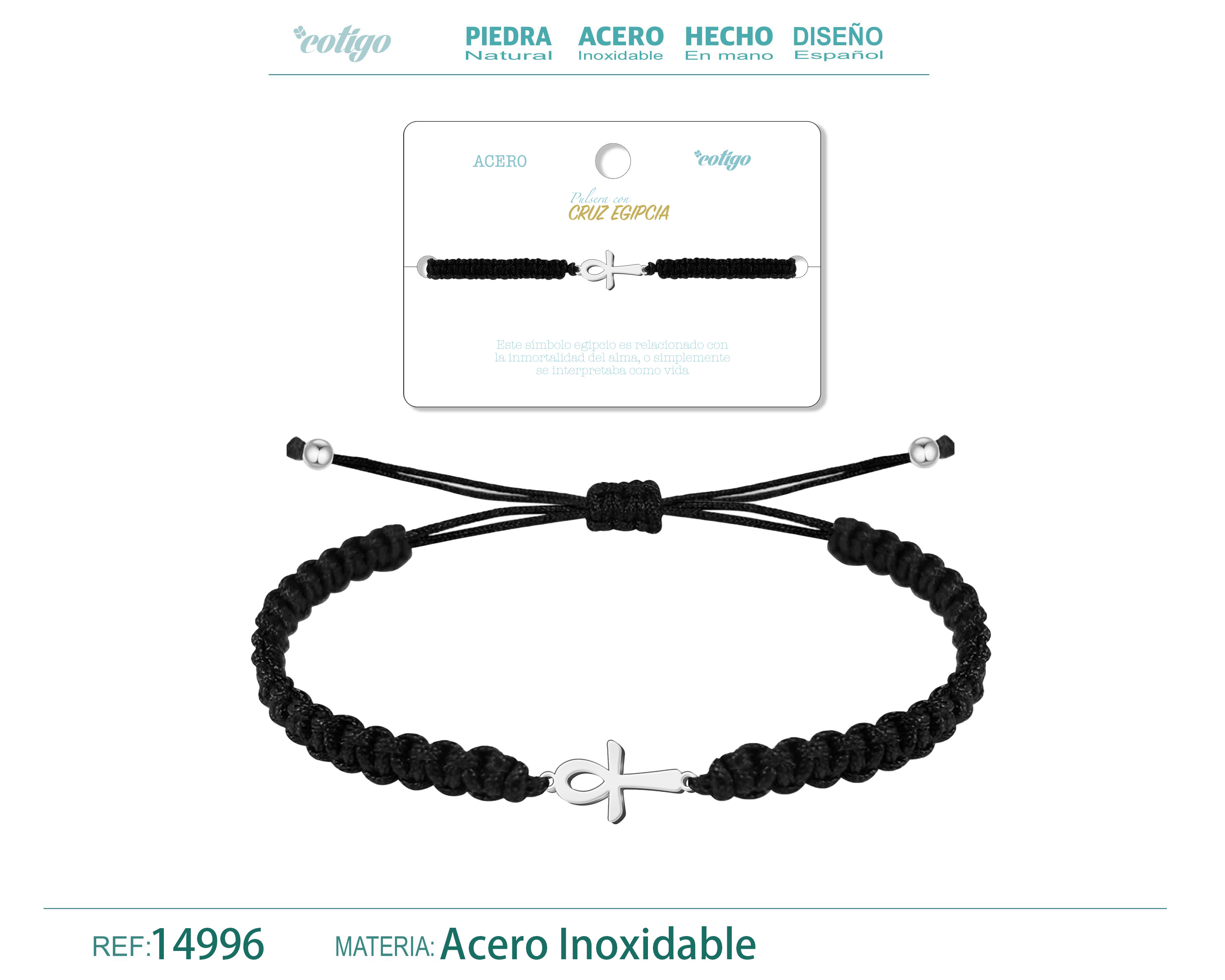 Pulsera Hilo Destino con Cruz Egipcia Acero Plateado