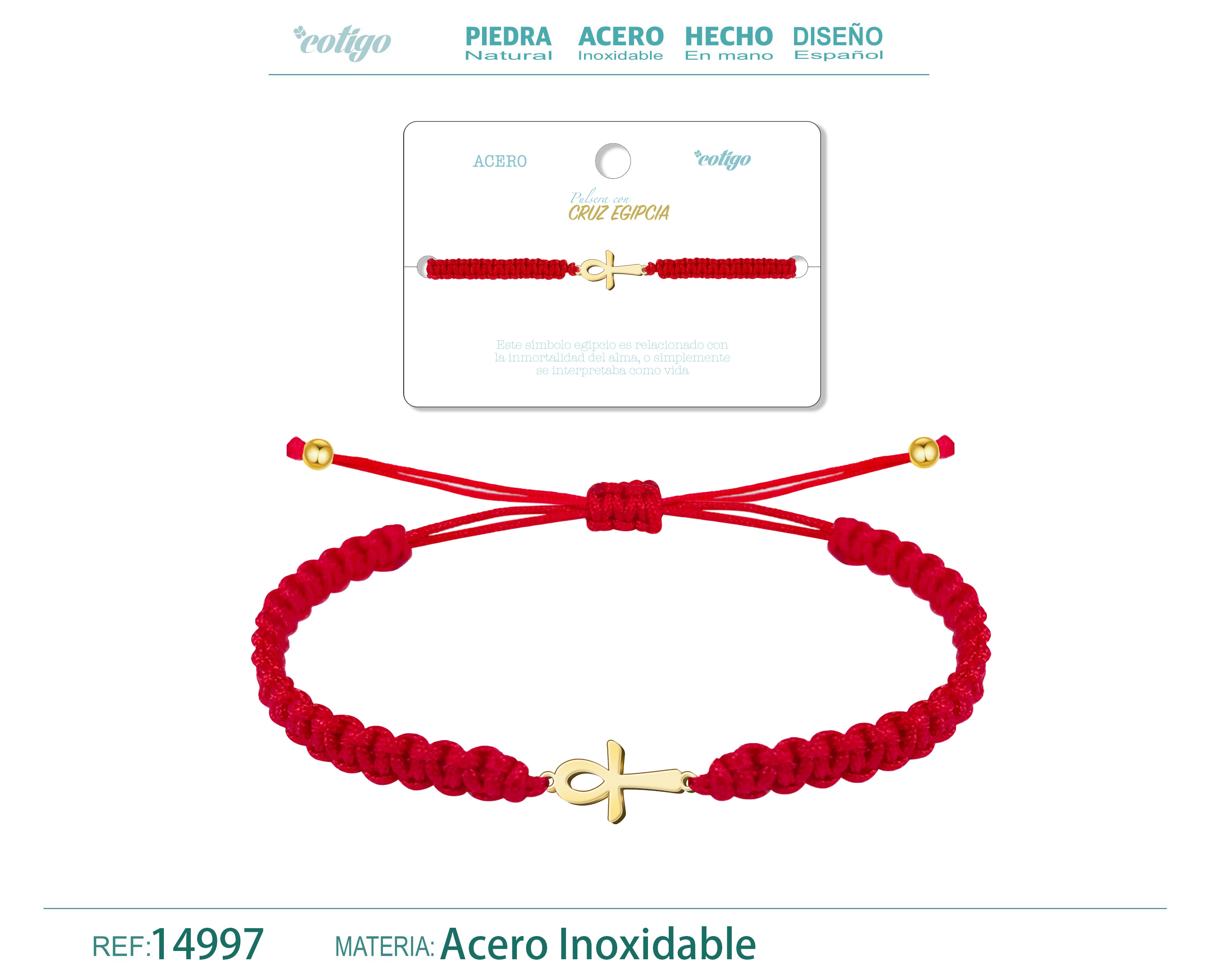 Pulsera Hilo Destino con Cruz Egipcia Acero Dorado