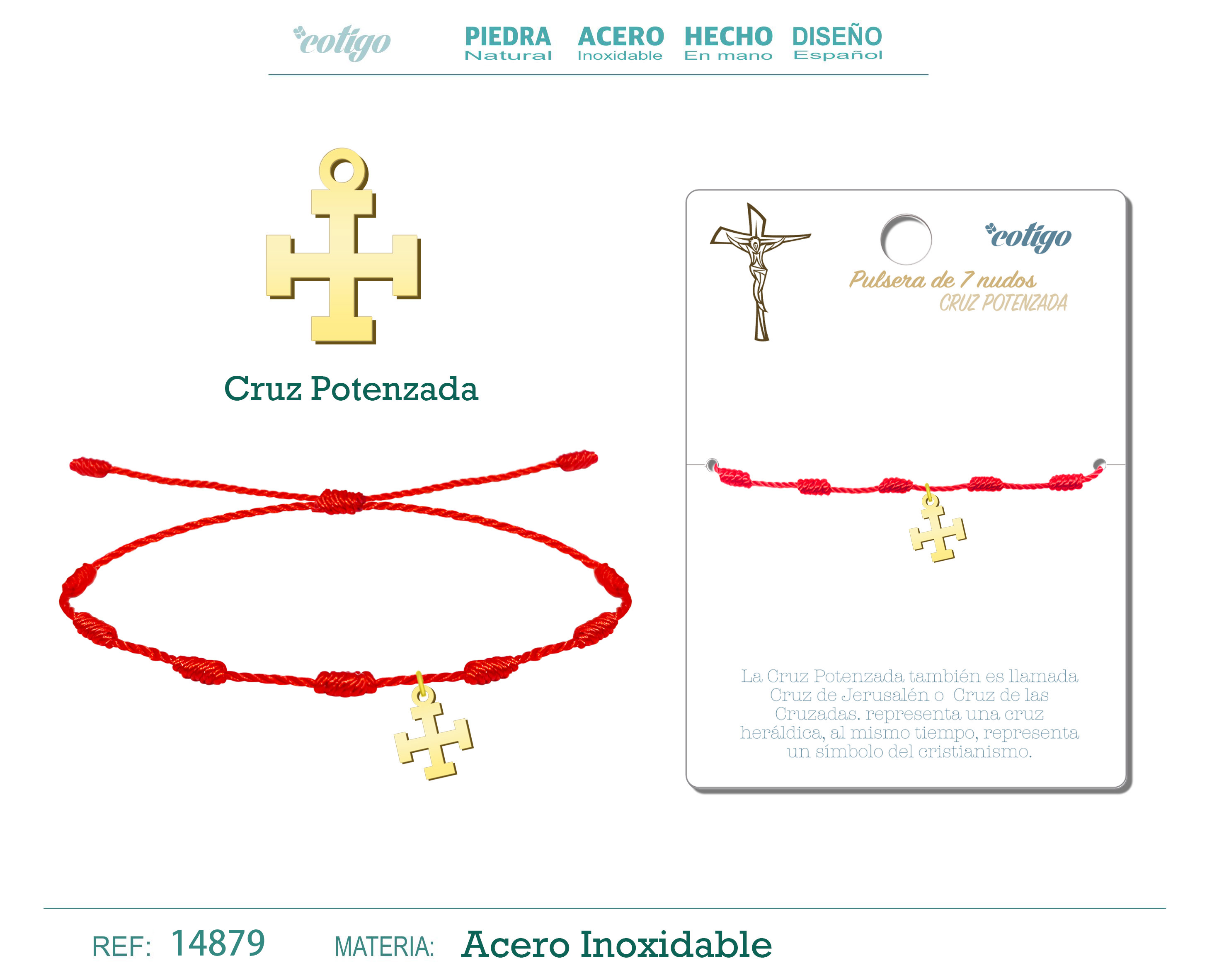 Pulsera 7 Nudos con Cruz Potenzada color Dorado