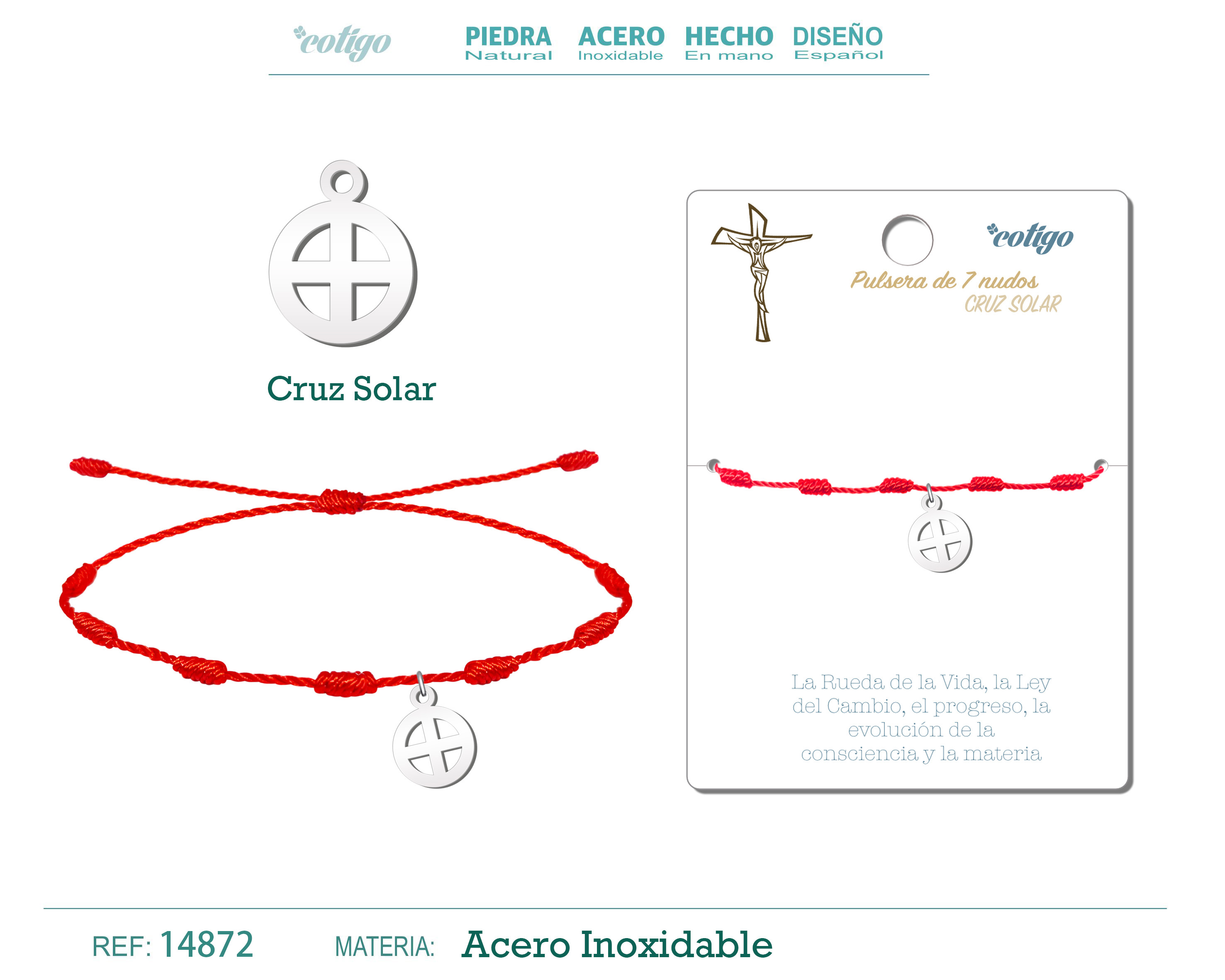 Pulsera 7 Nudos con Cruz Solar color Plateado