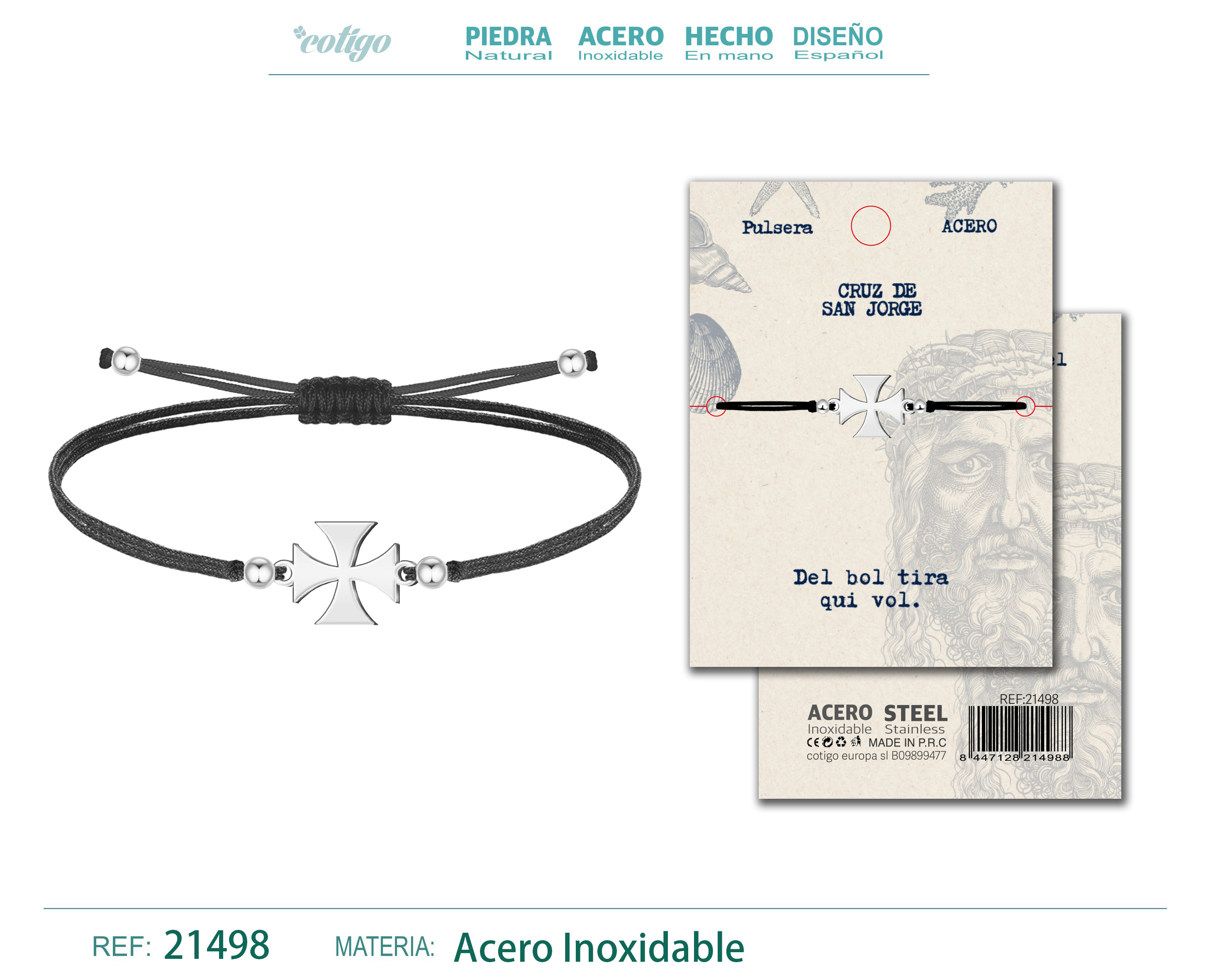 Pulsera Hilo encerado con Cruz de san jorge Acero Plateado