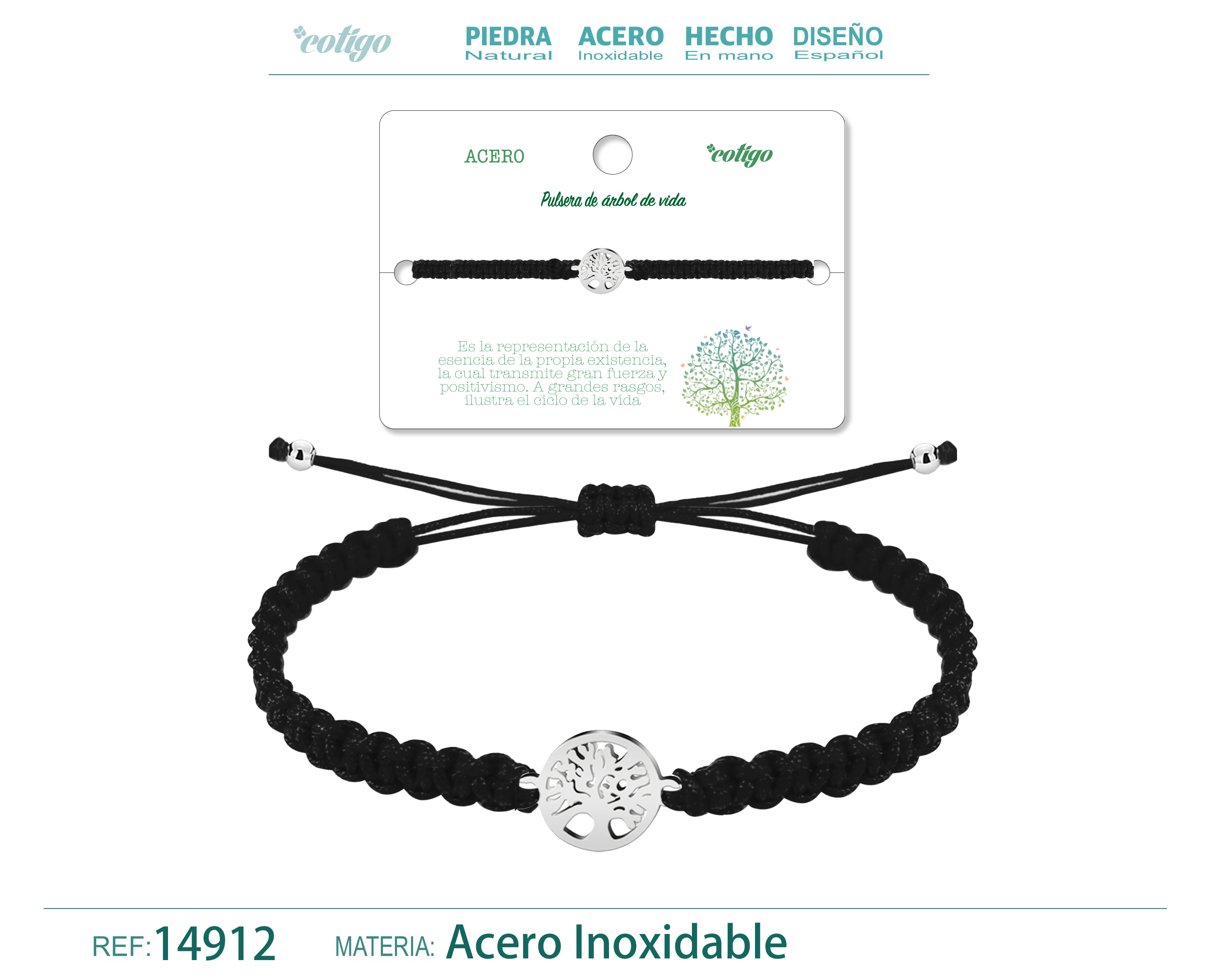 Pulsera Hilo trenzadoNegro-Arbol de Vida Plateado