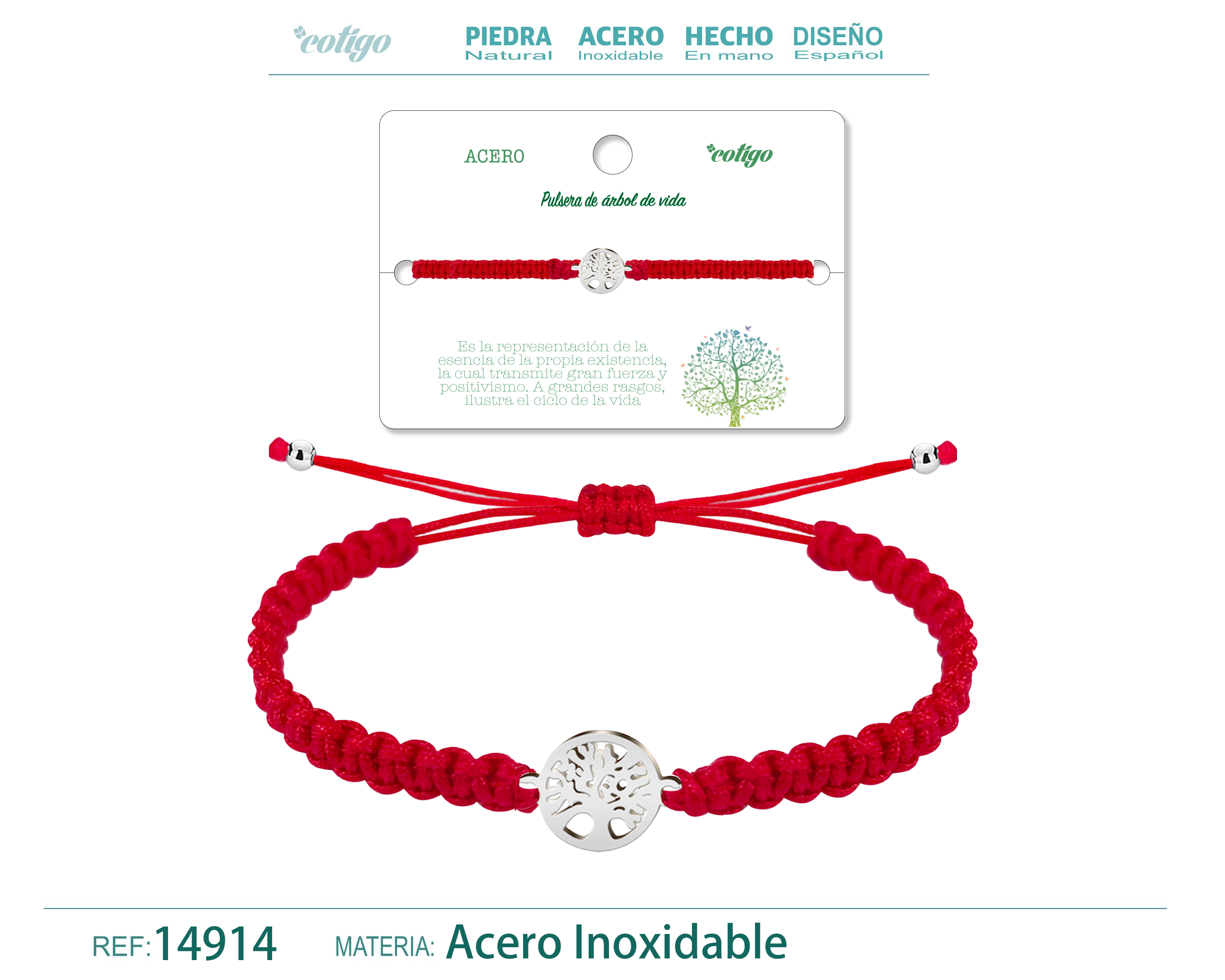Pulsera Hilo trenzadoRojo-Arbol de Vida Plateado