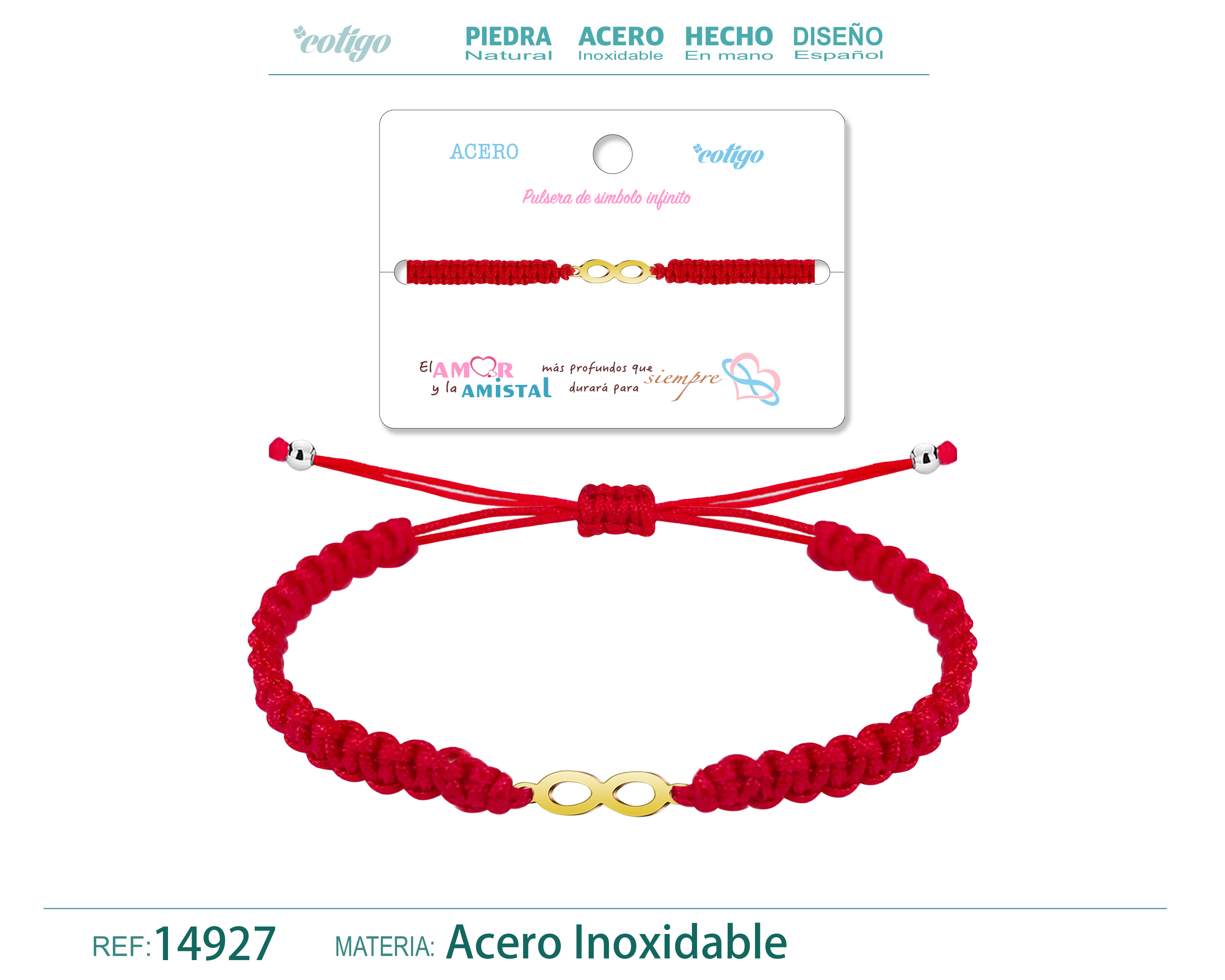 Pulsera Hilo trenzadoRojo-Infinito Dorado