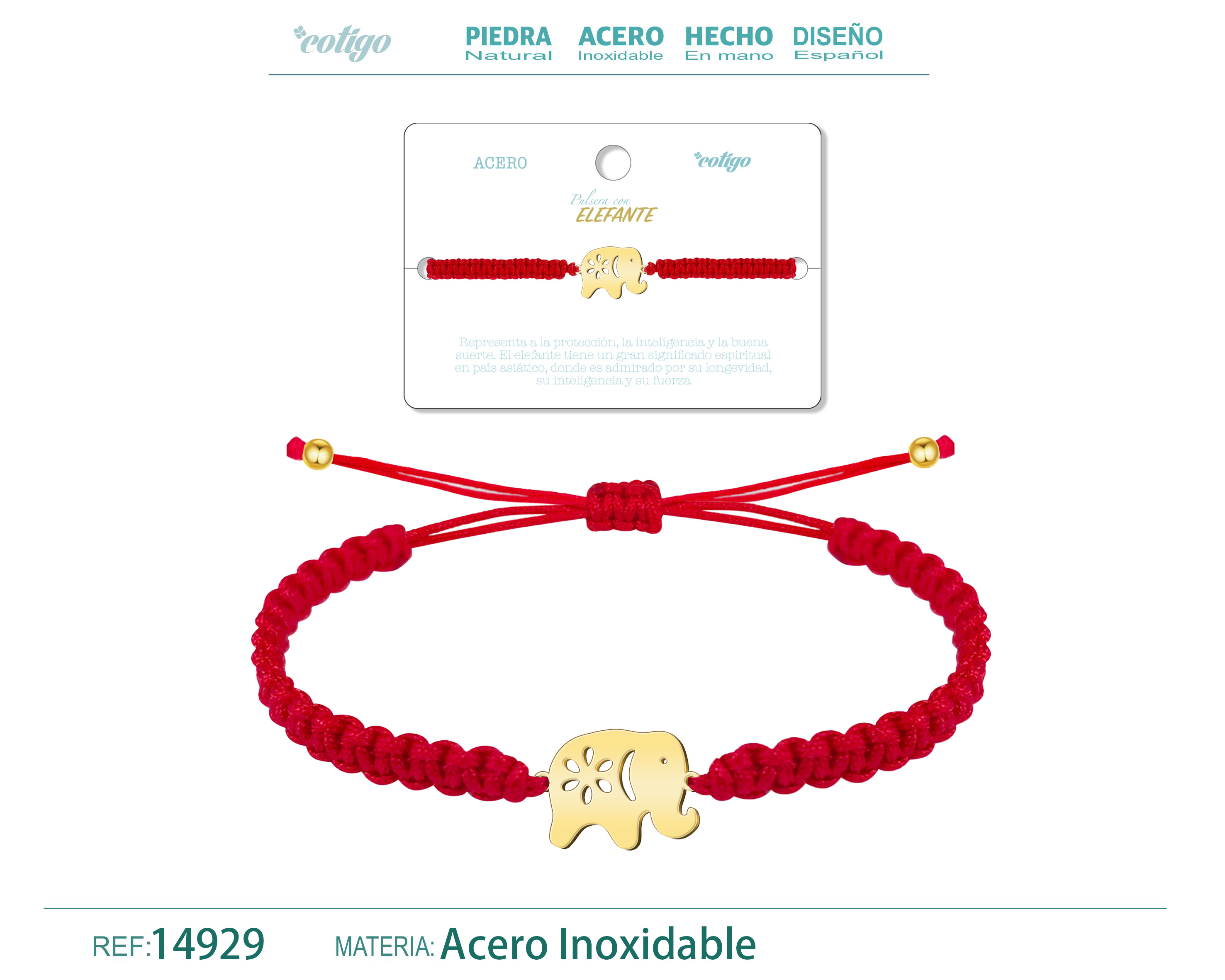 Pulsera Hilo Destino con Elefante Acero Dorado